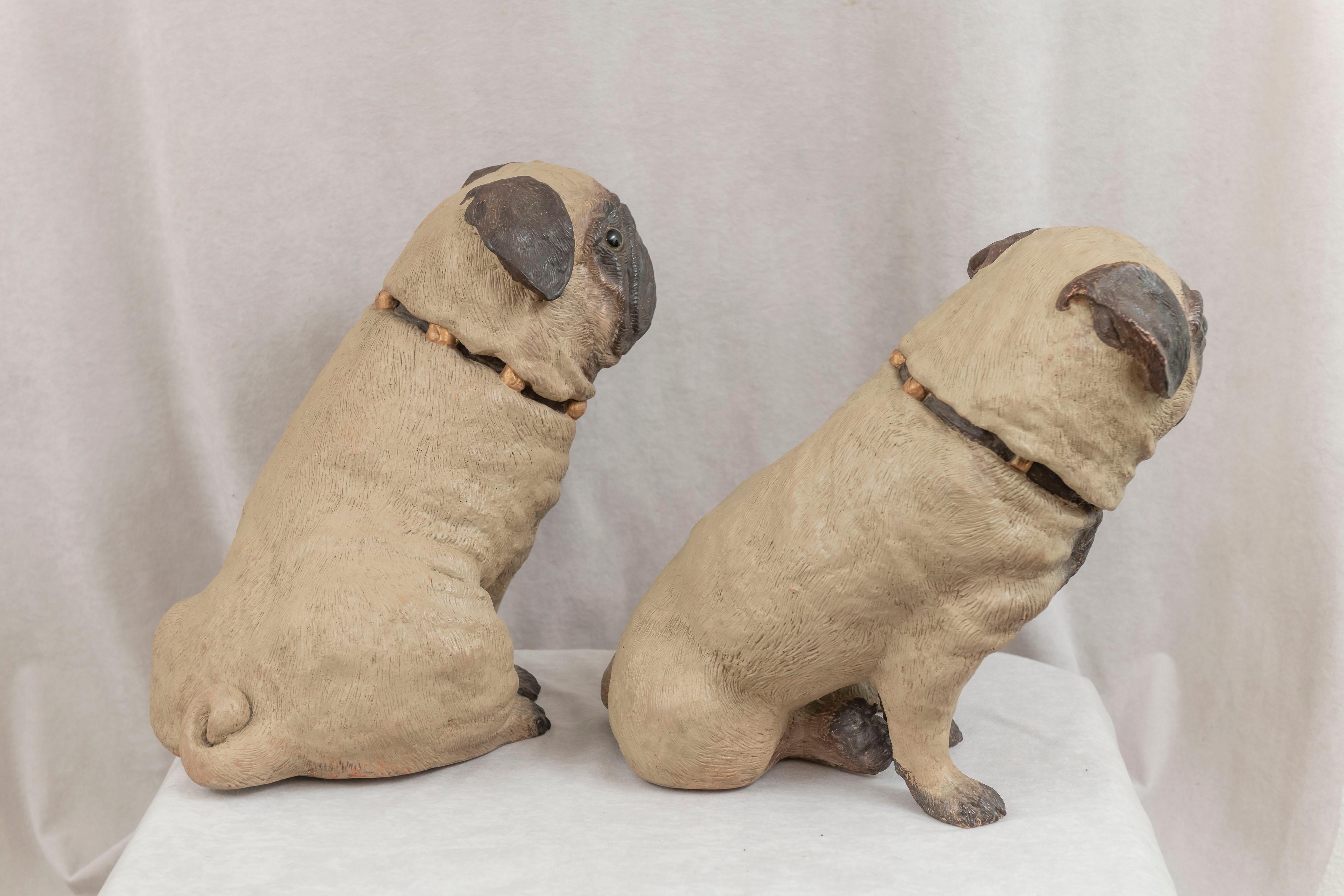 Other Pair of Cold Painted Austrian Life Size Terracotta Pug Dogs, ca. 1890 For Sale