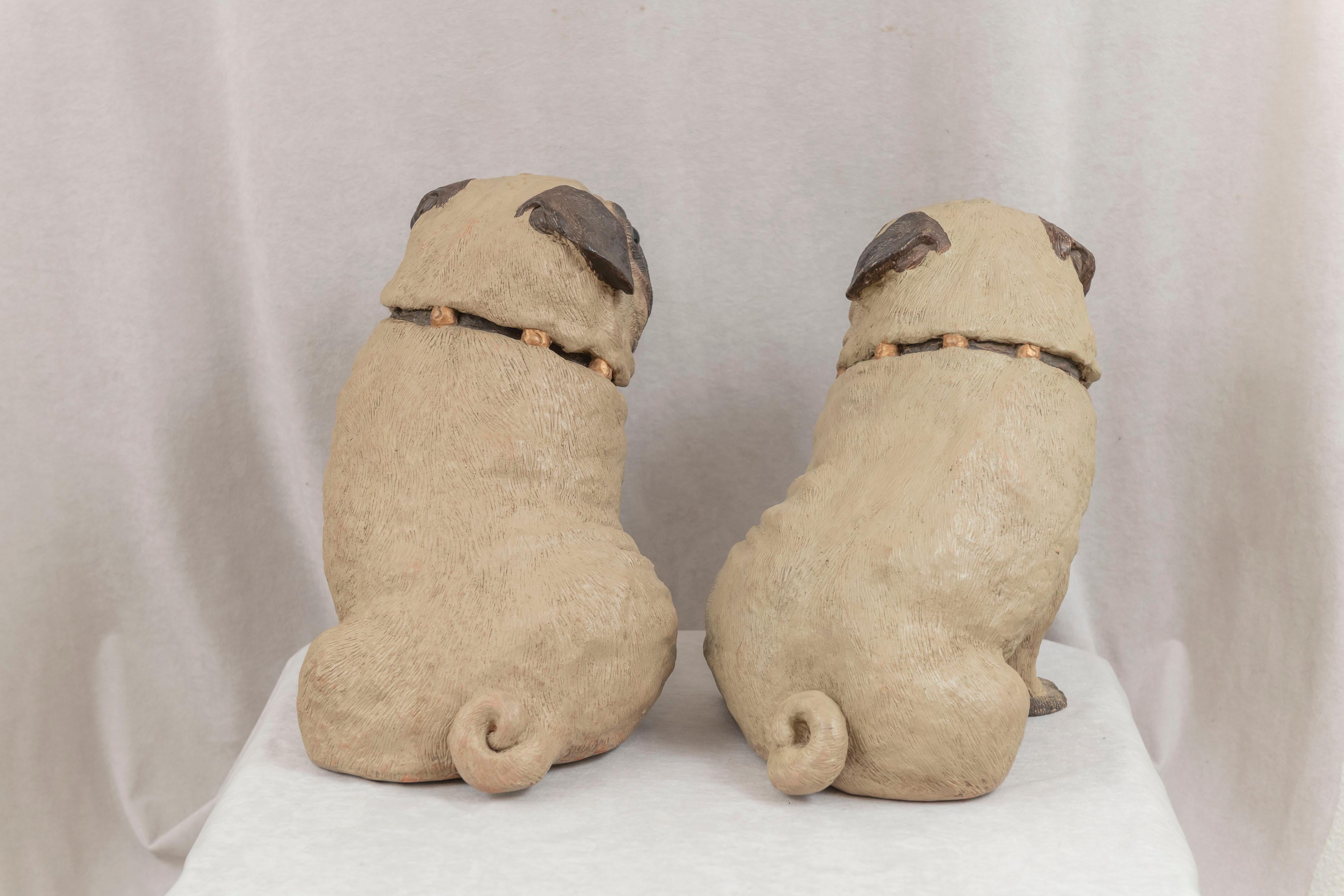 Hand-Crafted Pair of Cold Painted Austrian Life Size Terracotta Pug Dogs, ca. 1890 For Sale