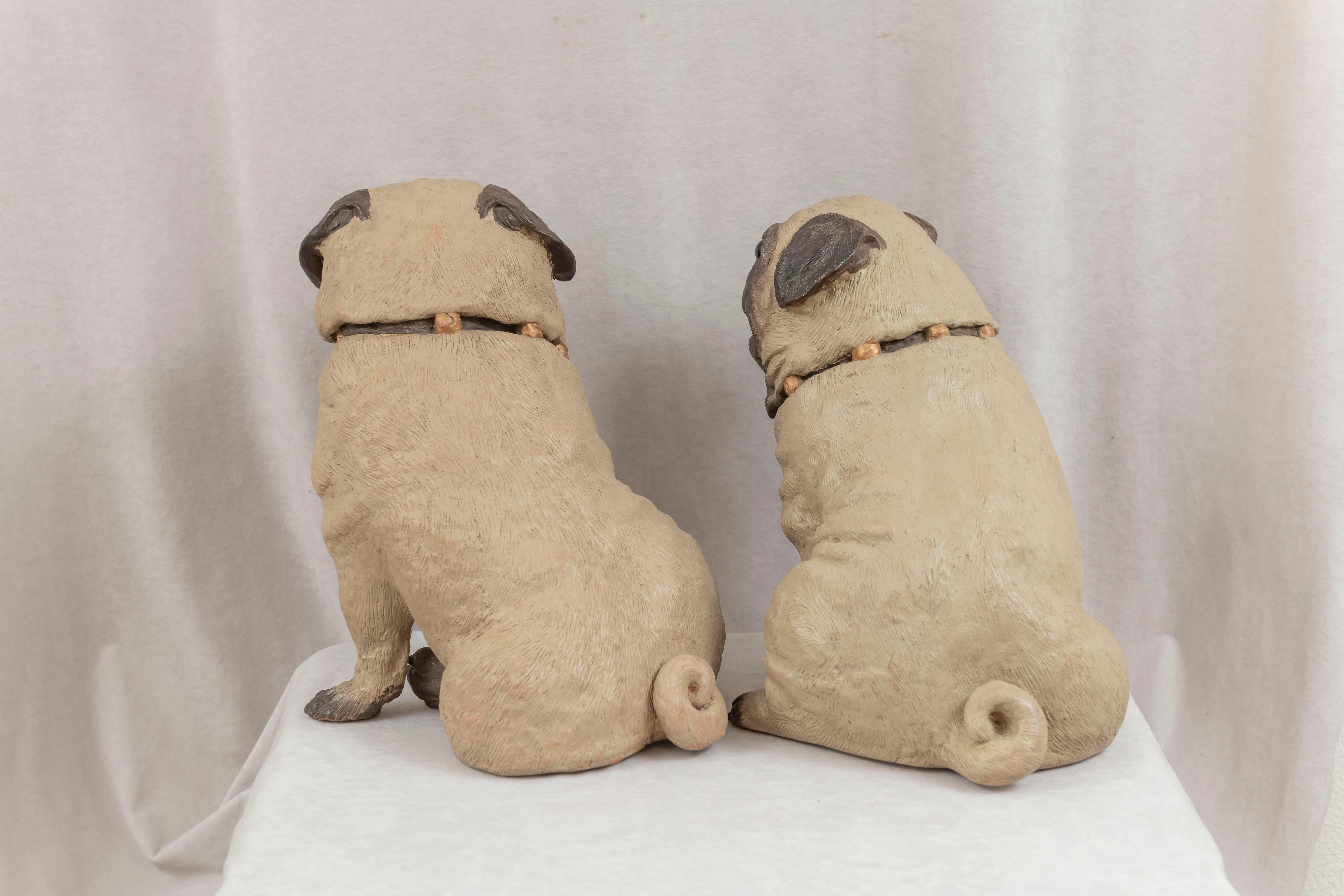19th Century Pair of Cold Painted Austrian Life Size Terracotta Pug Dogs, ca. 1890 For Sale