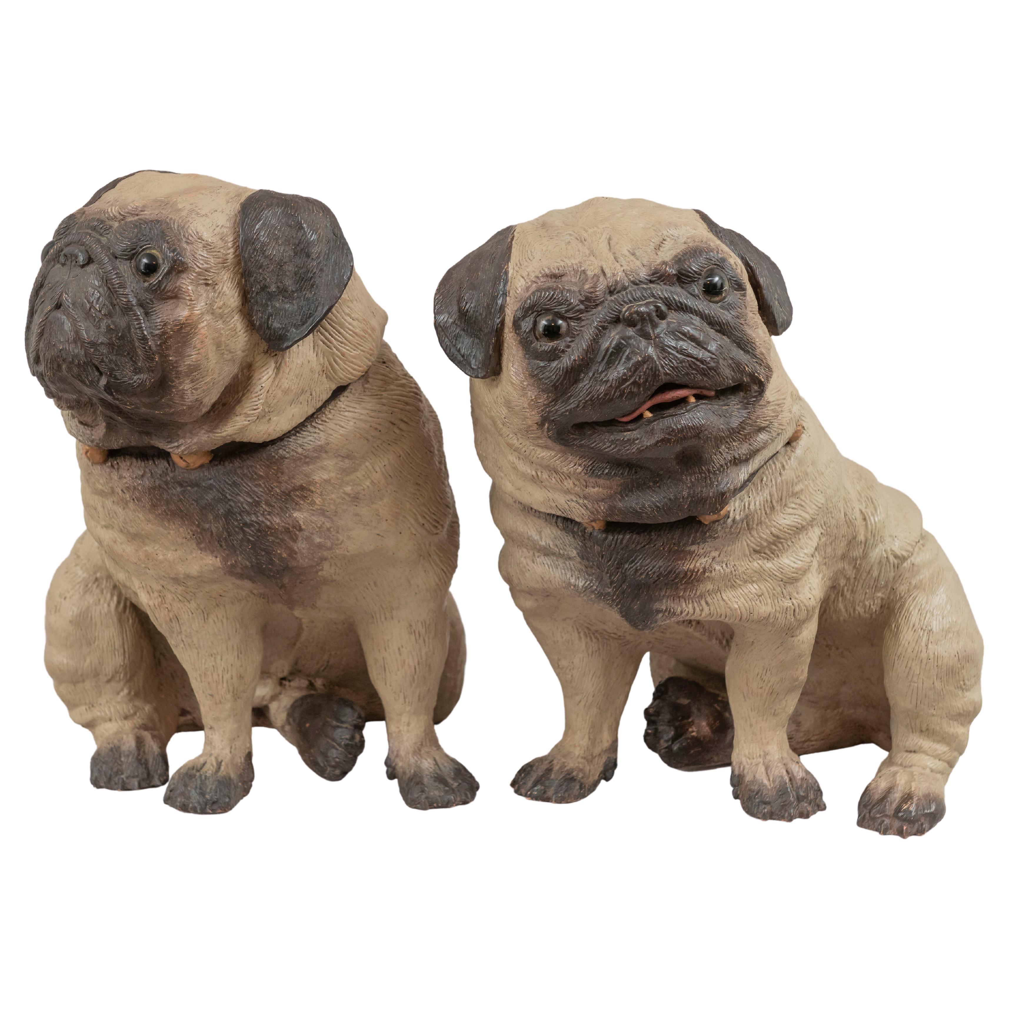 Pair of Cold Painted Austrian Life Size Terracotta Pug Dogs, ca. 1890 For Sale
