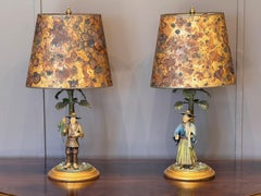 Pair of Cold Painted Bronze Figural Lamps with Mottled Paper Shades