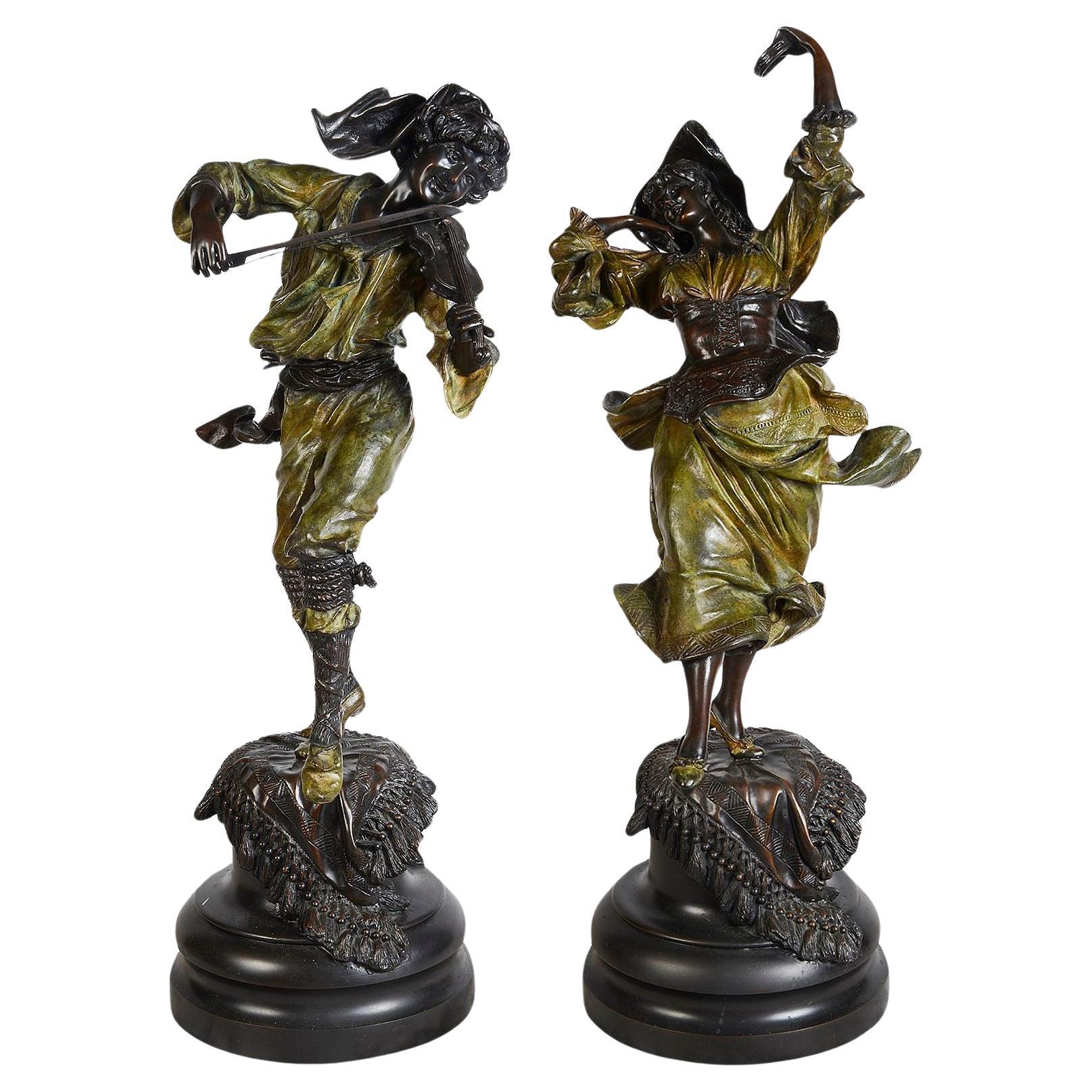 Pair of cold painted bronze Neapolitan dancers For Sale