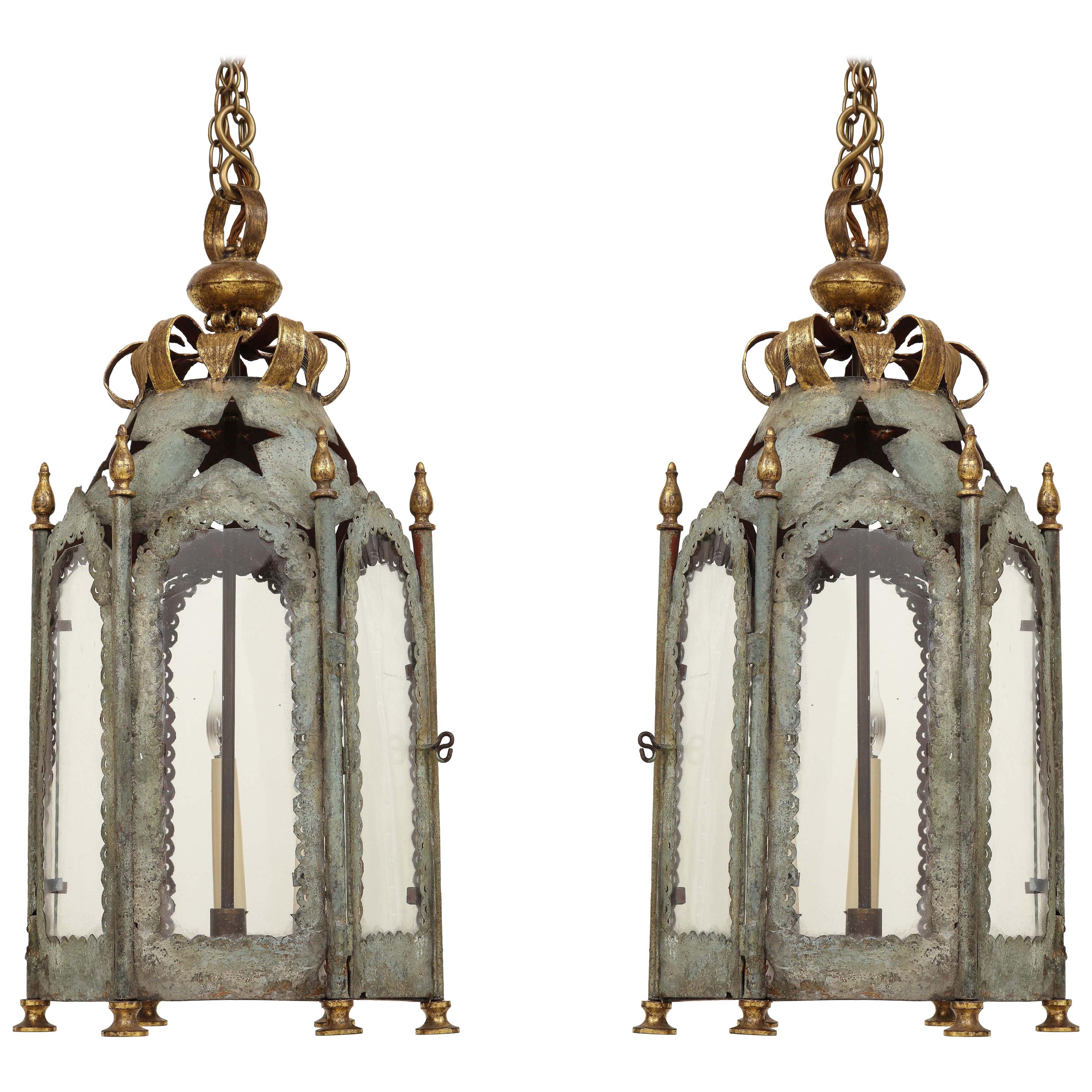 Pair of Colefax & Fowler Silvered Tôle and Gilt Hexagonal Lanterns
