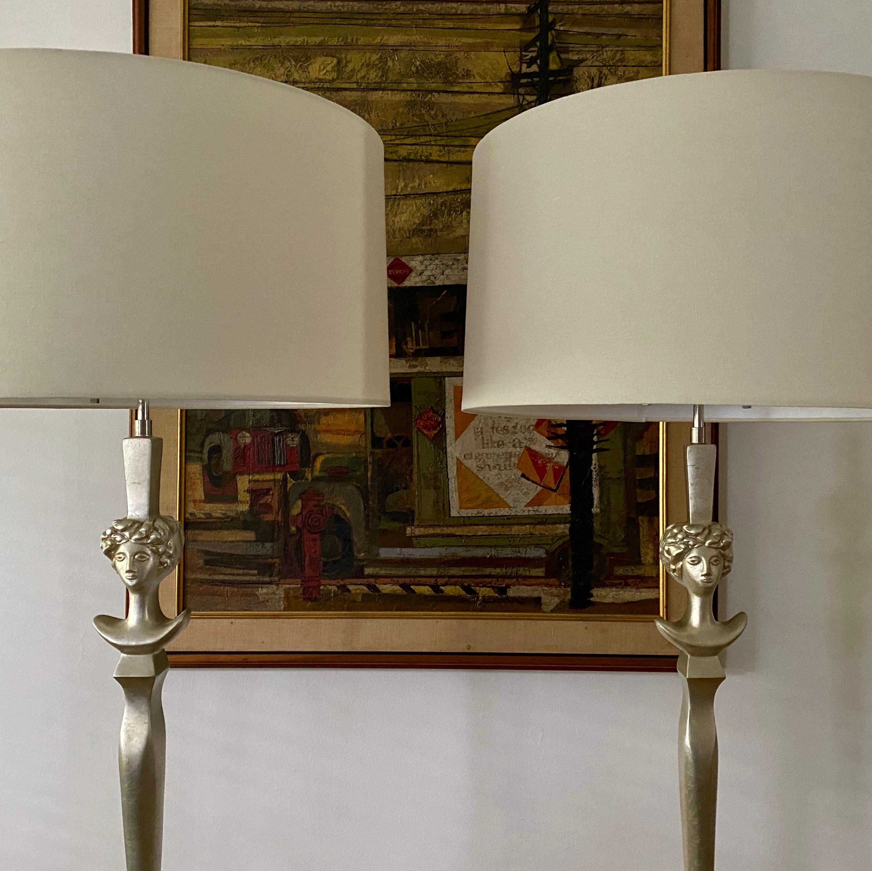 Classical Greek Pair of Colette Silver Leaf Diego Giacometti Style Floor Lamps by Sirmos For Sale