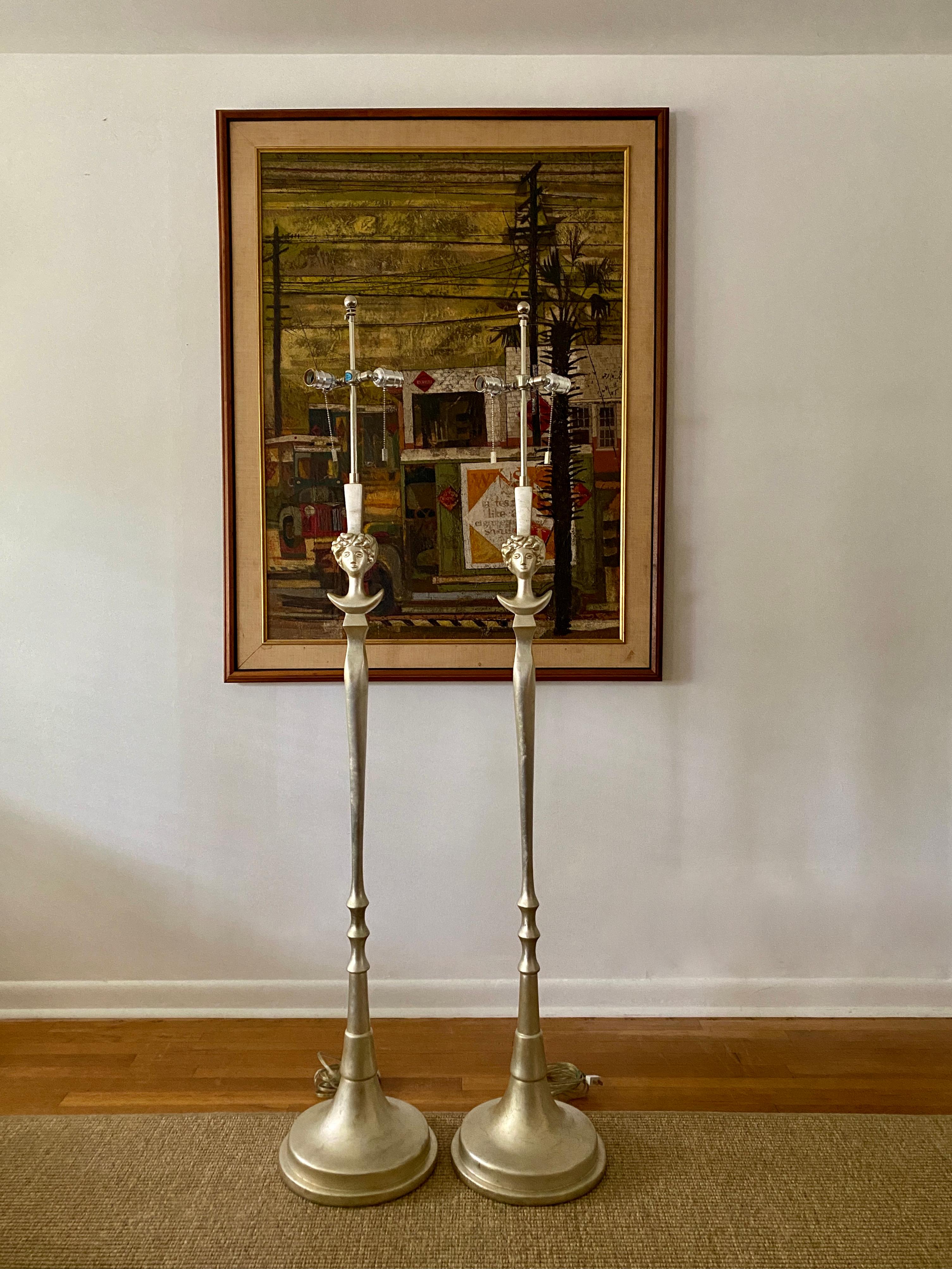 Americano Coppia di lampade da terra Colette in foglia d'argento in stile Diego Giacometti di Sirmos in vendita