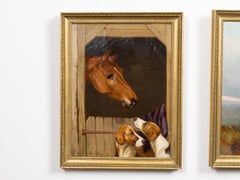 Pair of Colin Graeme Roe Horse and Dog Oil on Canvas Paintings in Gilt Frames