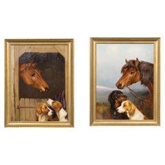 Pair of Colin Graeme Roe Horse and Dog Oil on Canvas Paintings in Gilt Frames