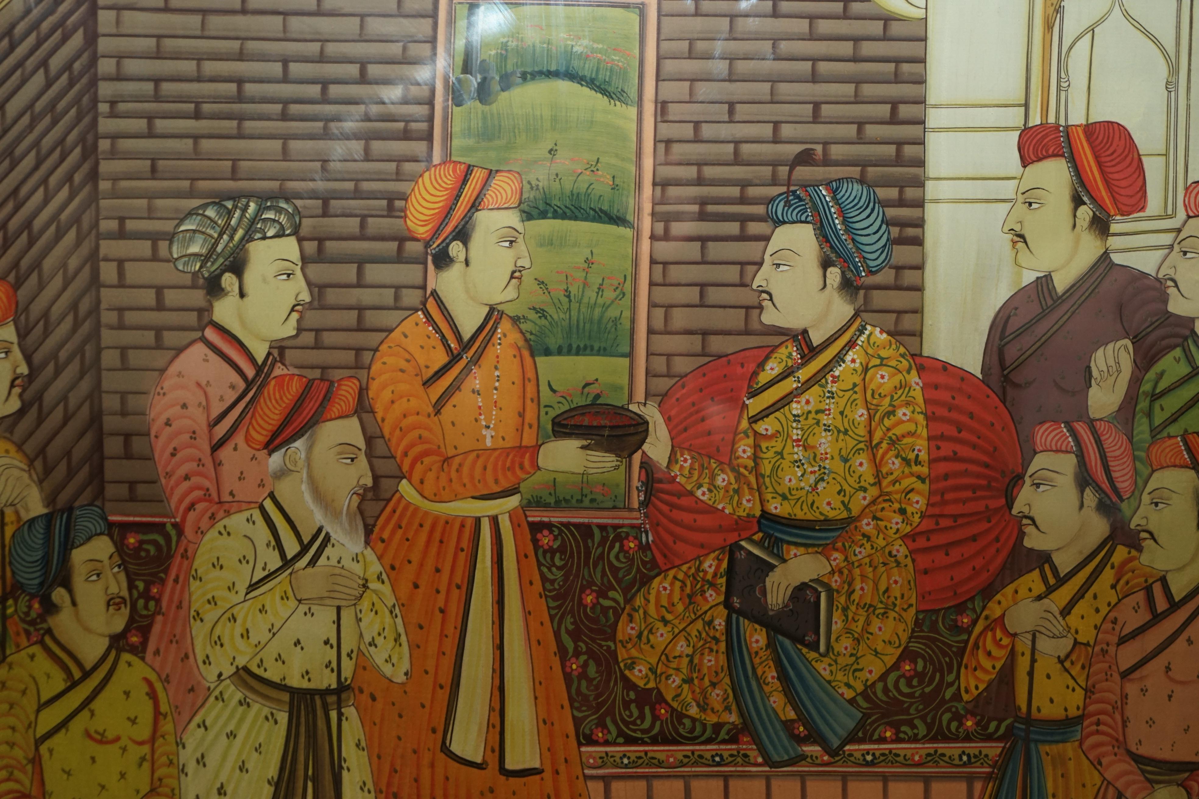 Paar sammelbare antike persische handgemalte orientalische Szenen auf Seide gerahmt im Angebot 10