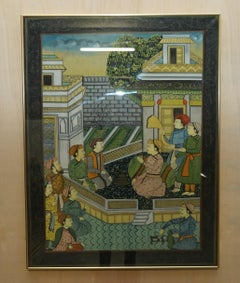 Pair of Collectable Antique Persian Hand Painted Oriental Scenes on Silk Framed