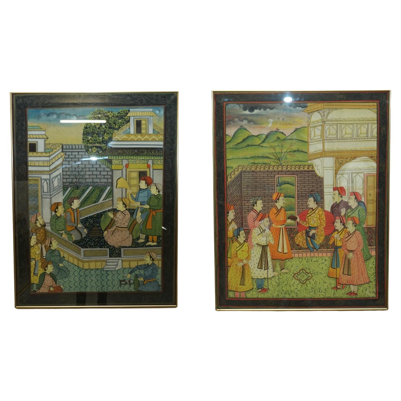Pair of Collectable Antique Persian Hand Painted Oriental Scenes on Silk Framed For Sale