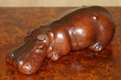 PAIR OF COLLECTABLE LIBERTY'S OMERSA BROWN LEATHER HiPPOPOTAMUS FOOTSTOOL HIPPO
