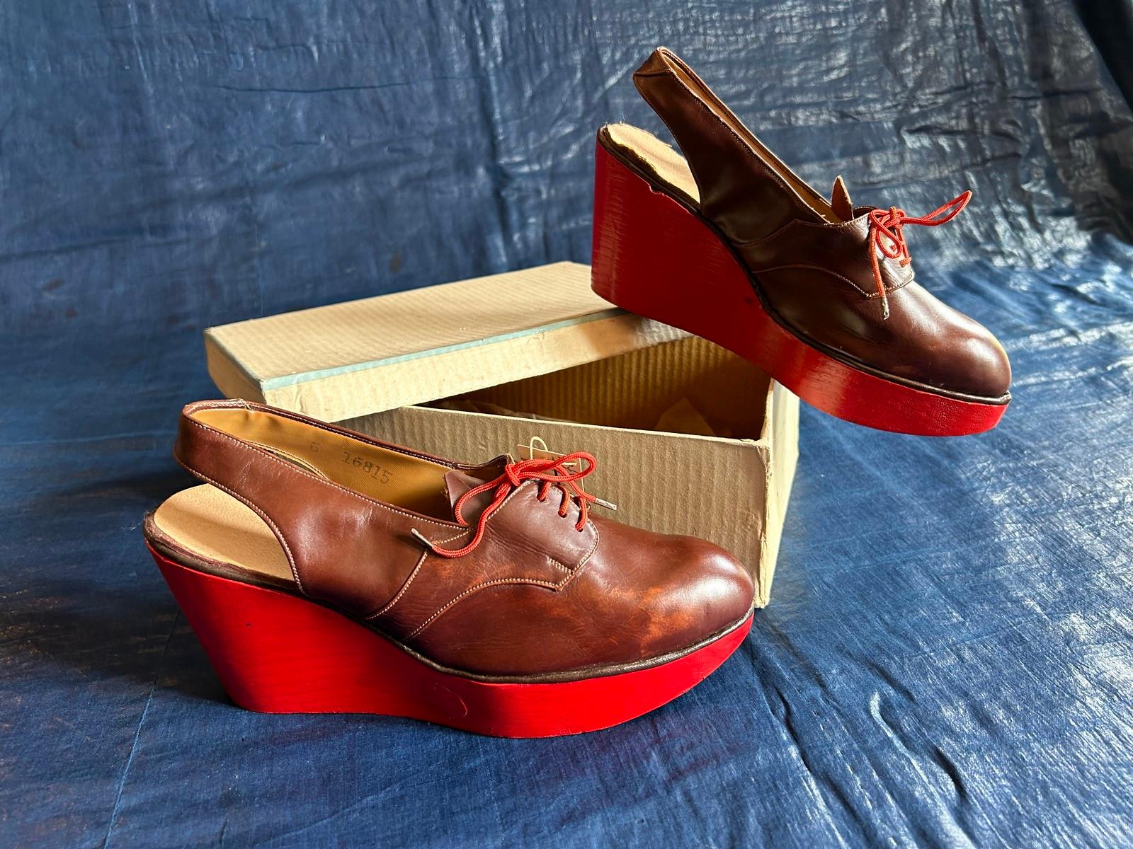 Red Pair of Collectible 1940s leather shoes with red wooden wedge heel  For Sale