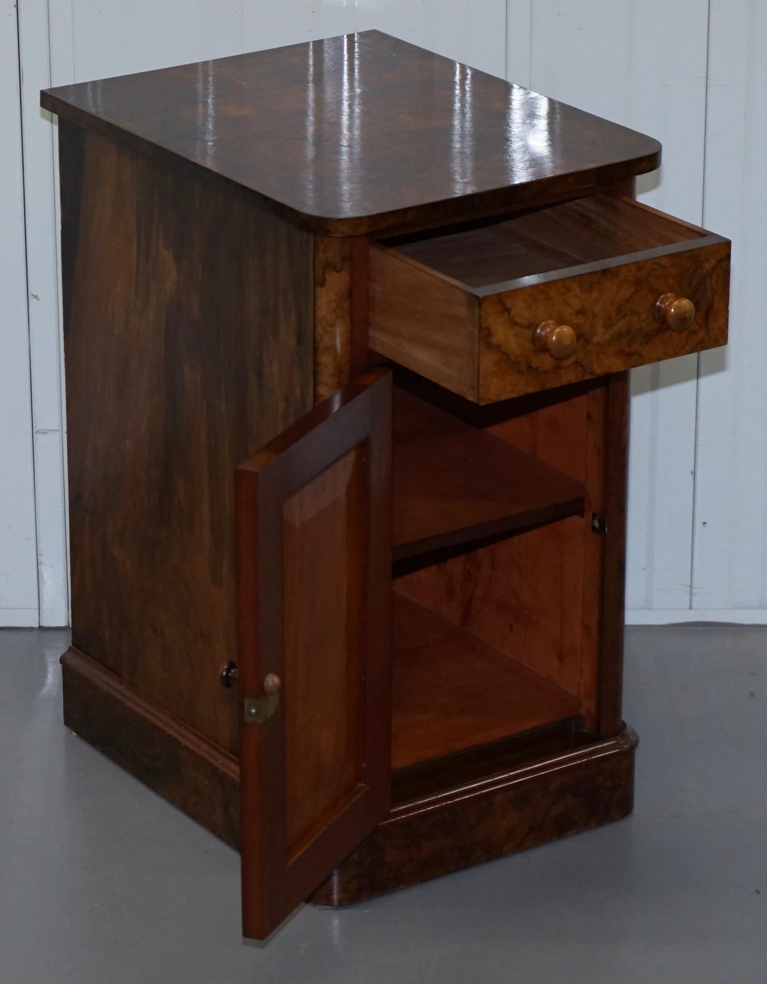 Pair of Collinge's Victorian Burr Walnut Bed Side Lamp Tables Cupbard Drawers 6