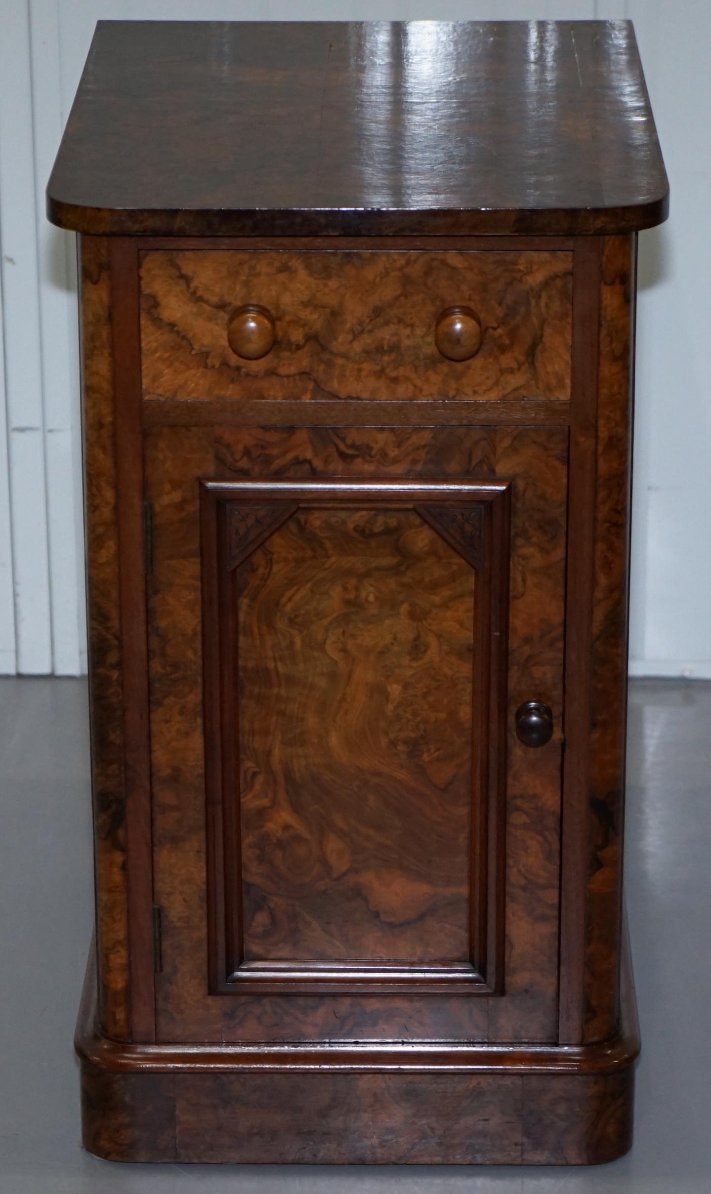 English Pair of Collinge's Victorian Burr Walnut Bed Side Lamp Tables Cupbard Drawers