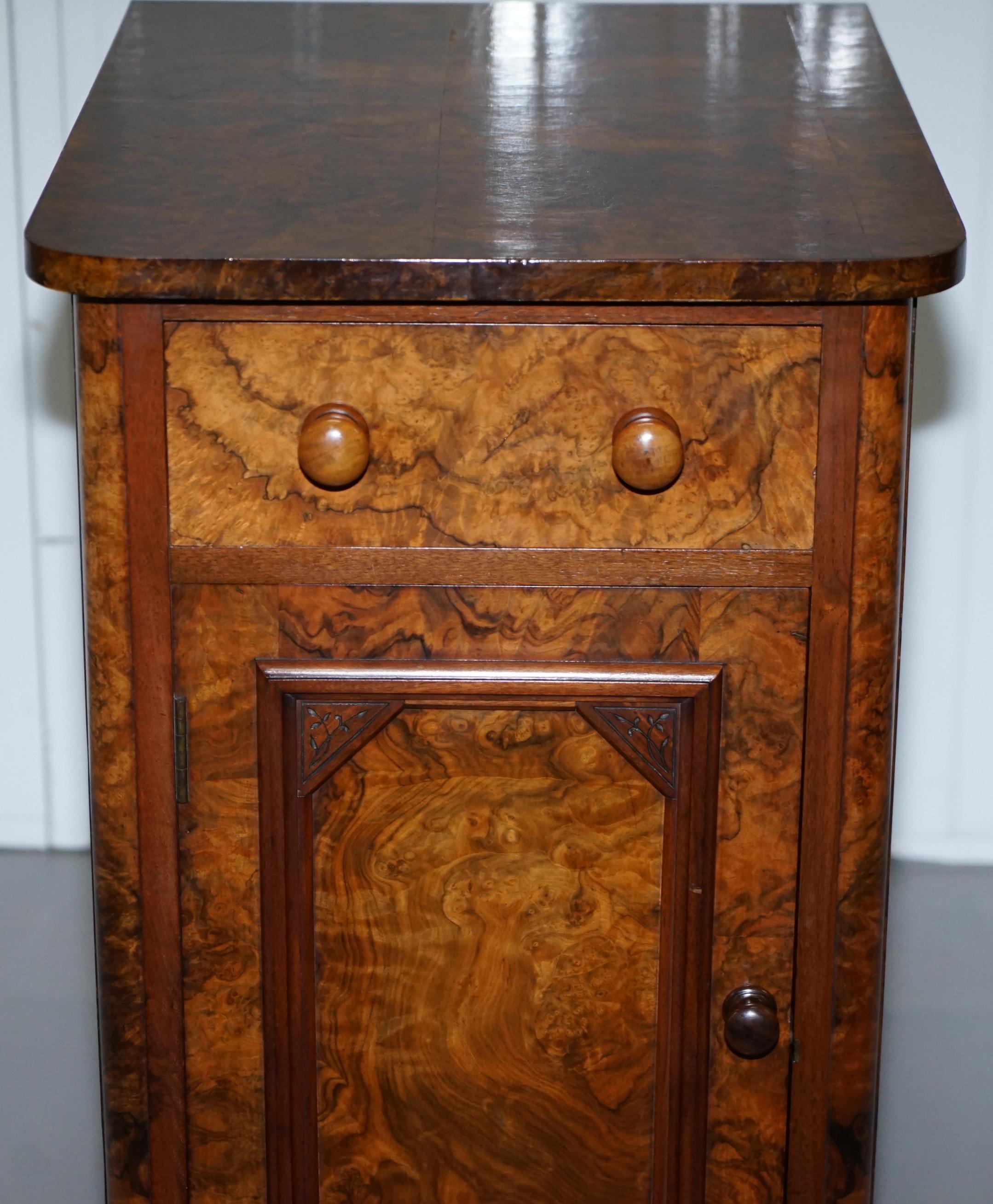 Pair of Collinge's Victorian Burr Walnut Bed Side Lamp Tables Cupbard Drawers 2