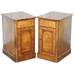 Pair of Collinge's Victorian Burr Walnut Bed Side Lamp Tables Cupbard Drawers