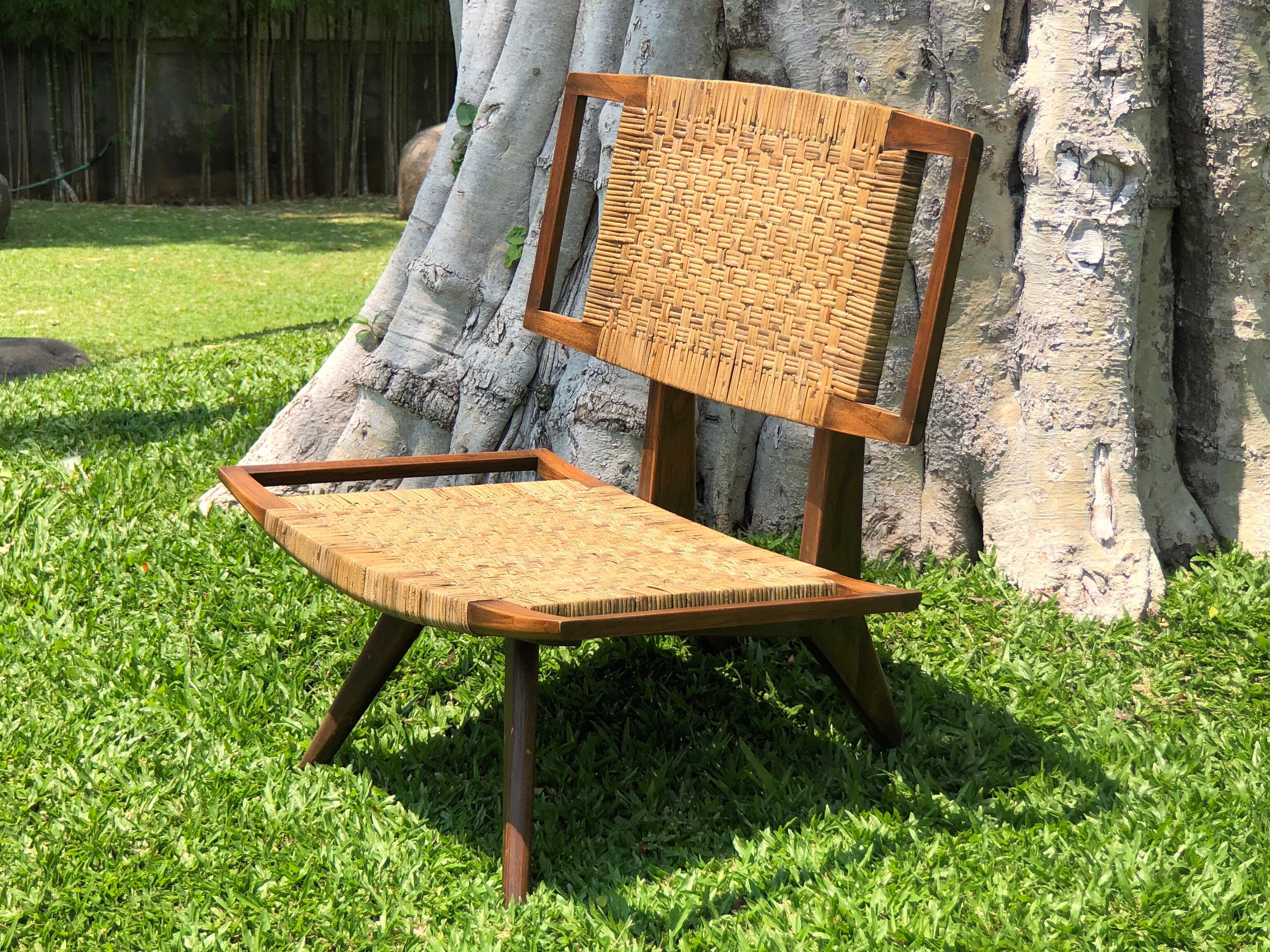 Pair of Colonial Art Deco Teak Chairs with Rattan from Burma or Myanmar, 1940 For Sale 5