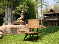 Pair of Colonial Art Deco Teak Chairs with Rattan from Burma or Myanmar, 1940
