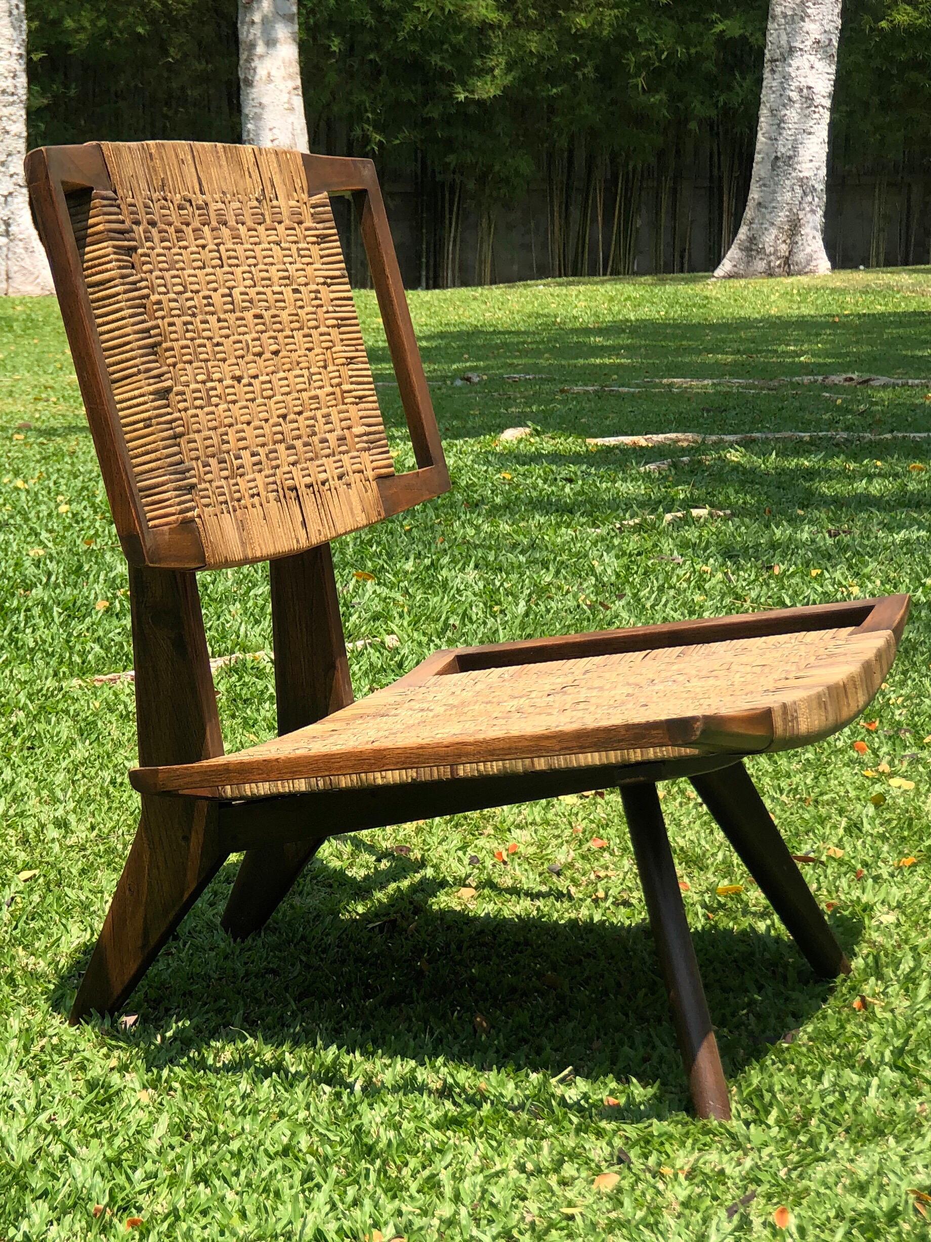 Burmese Pair of Colonial Art Deco Teak Chairs with Rattan from Burma or Myanmar, 1940 For Sale