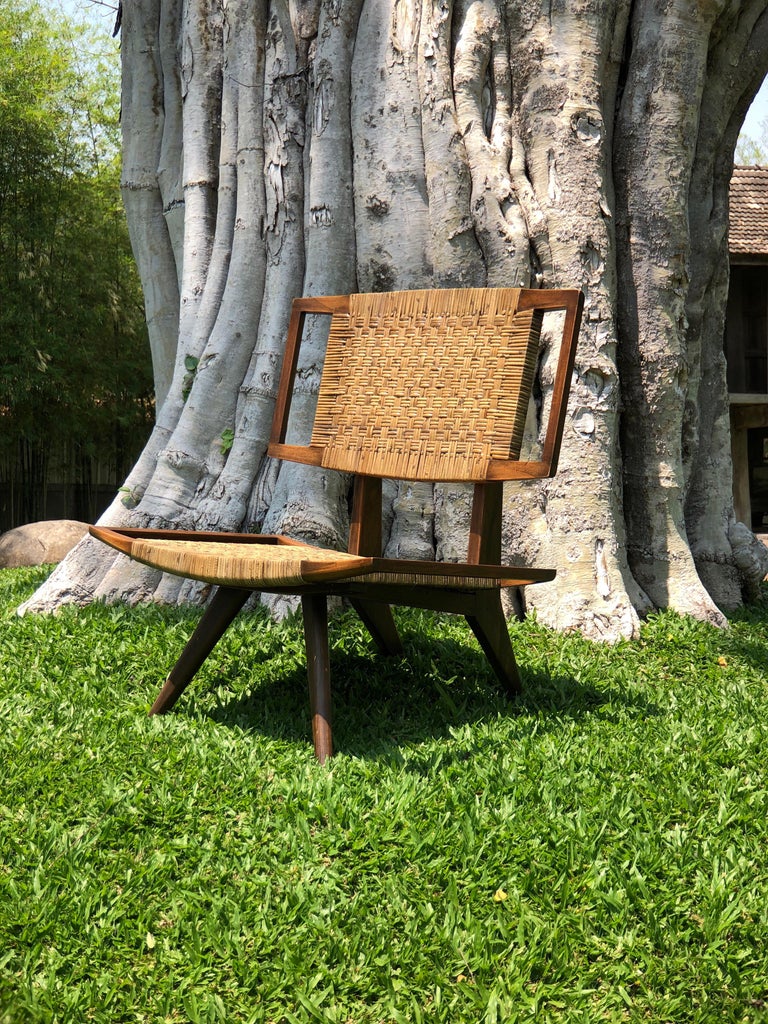 Pair of Colonial Art Deco Teak Chairs with Rattan from Burma or Myanmar