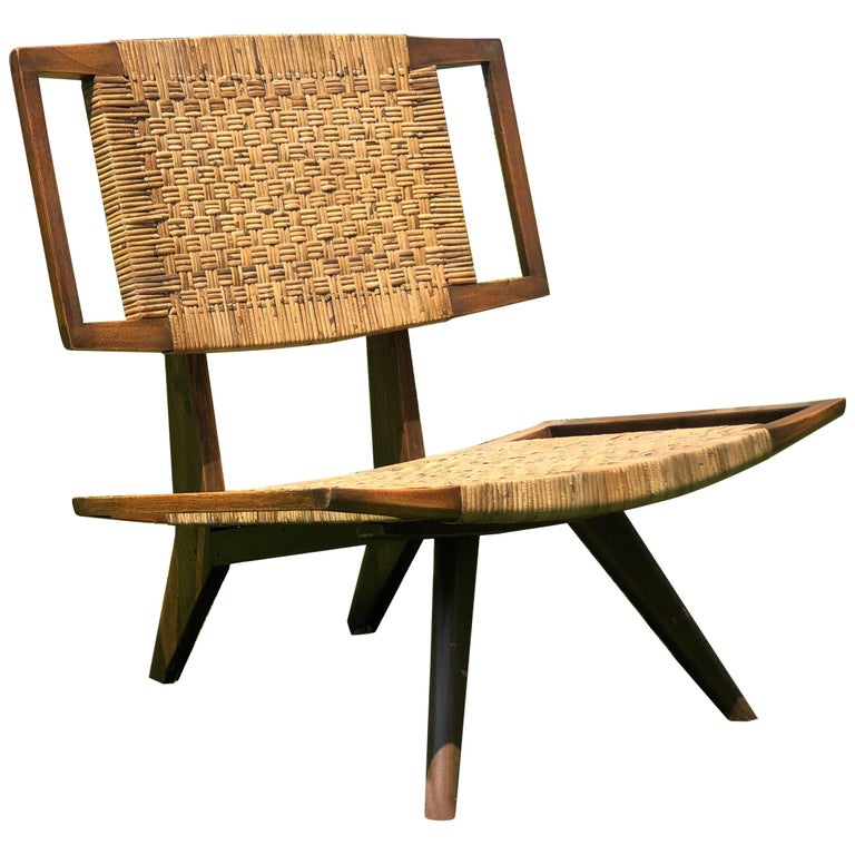 Pair Of Colonial Art Deco Teak Chairs With Rattan From Burma Or Myanmar 1940