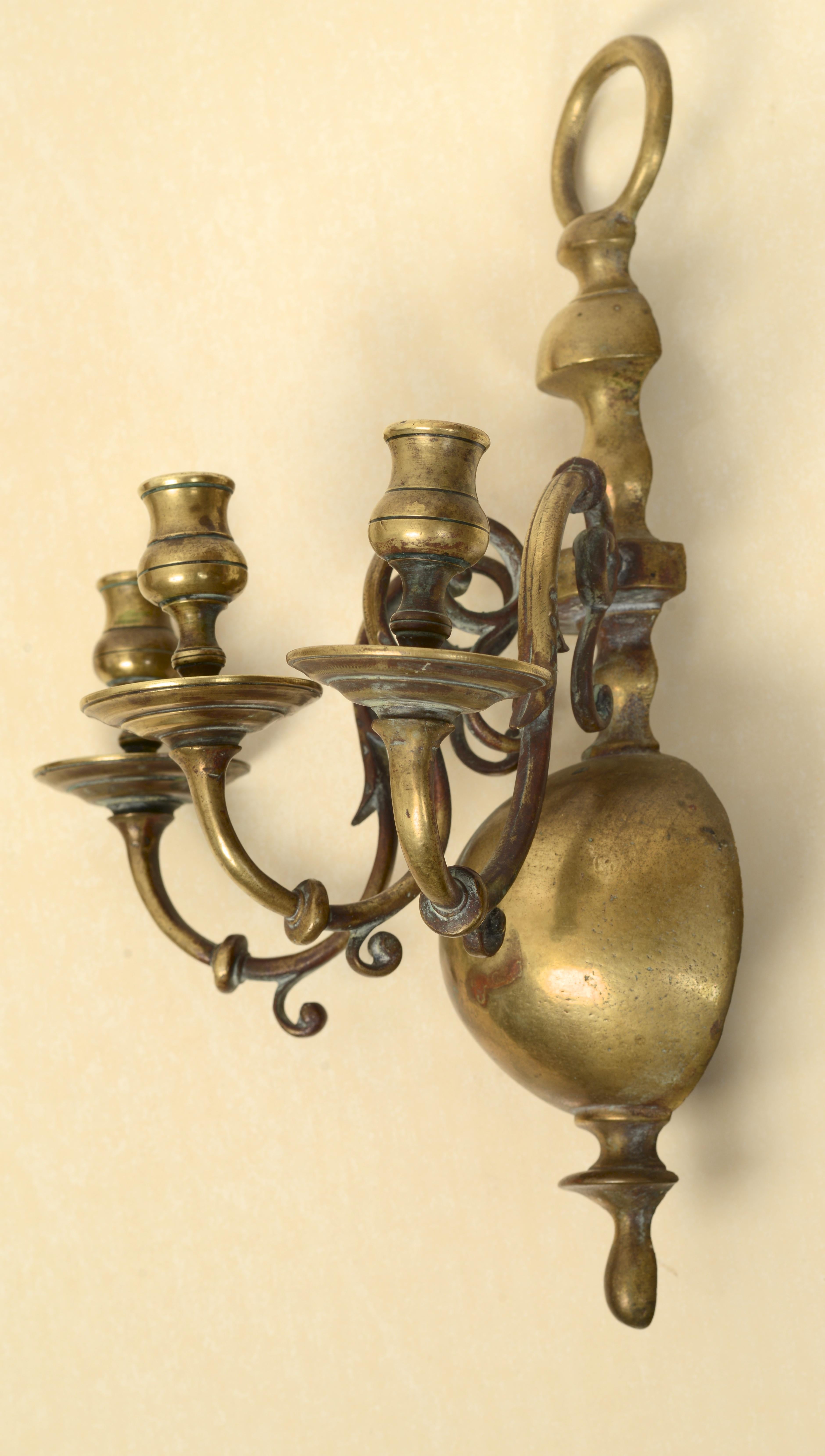 American Colonial Pair of Colonial Brass 3 Light Wall Sconces For Sale