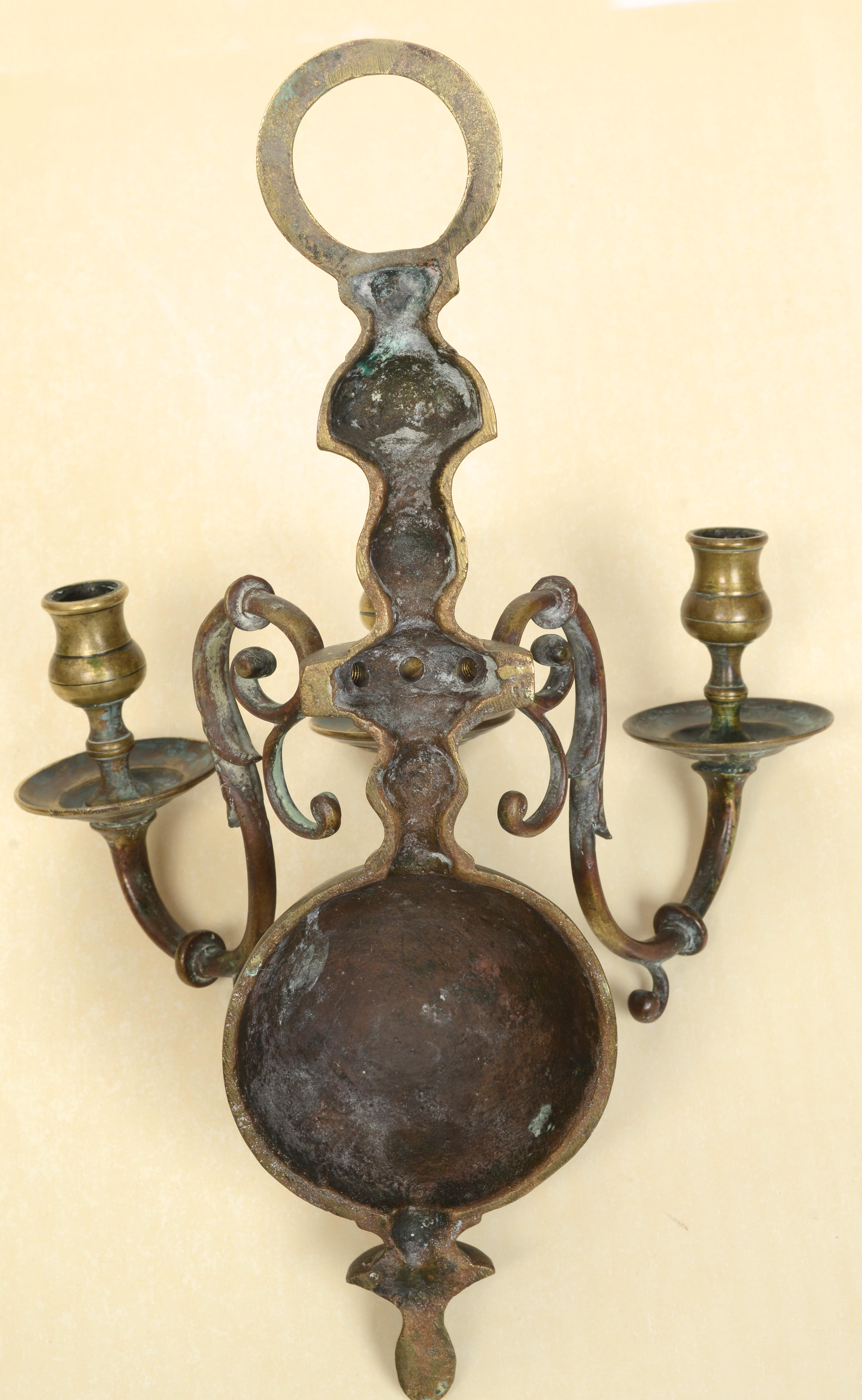 American Pair of Colonial Brass 3 Light Wall Sconces For Sale