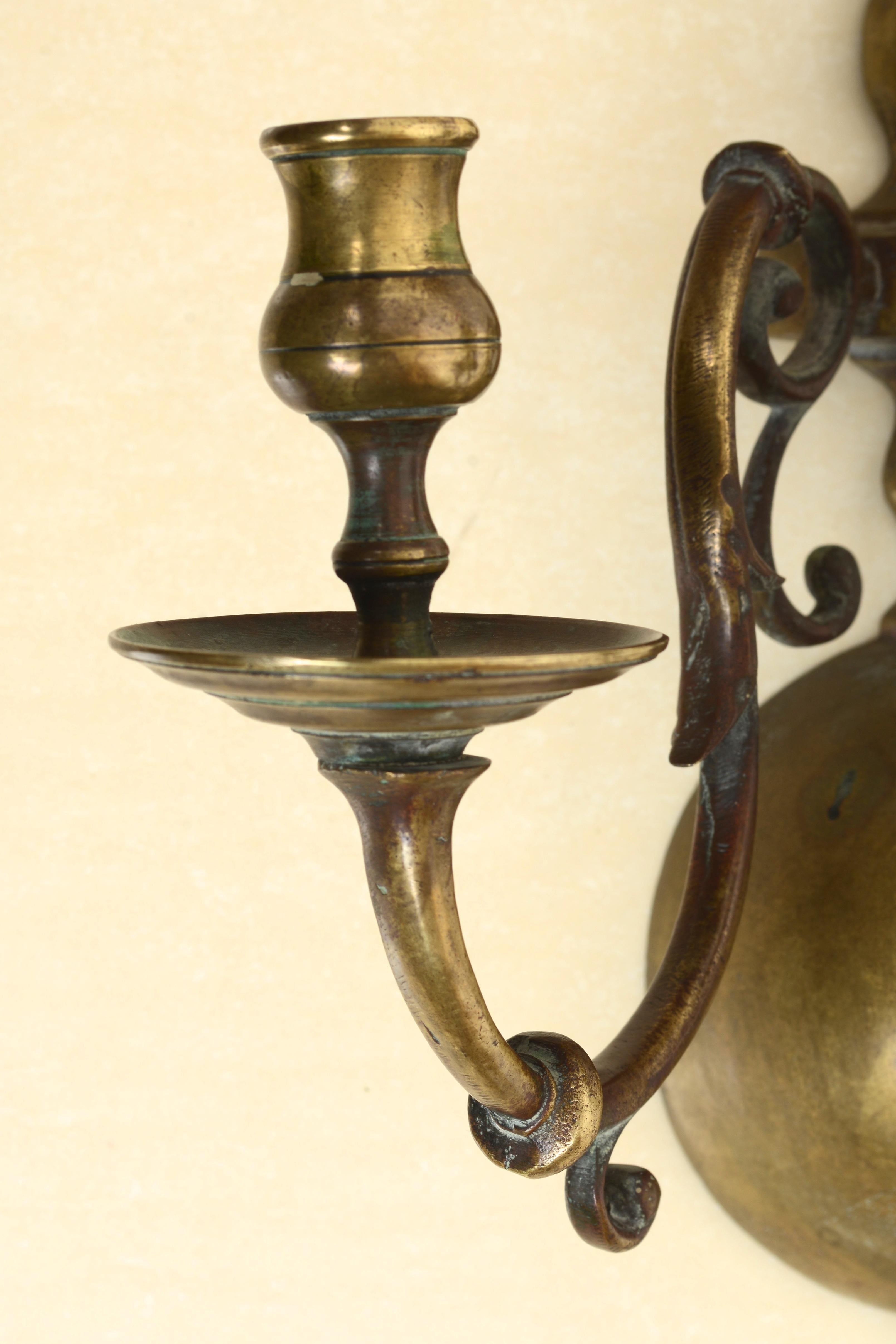Cast Pair of Colonial Brass 3 Light Wall Sconces For Sale
