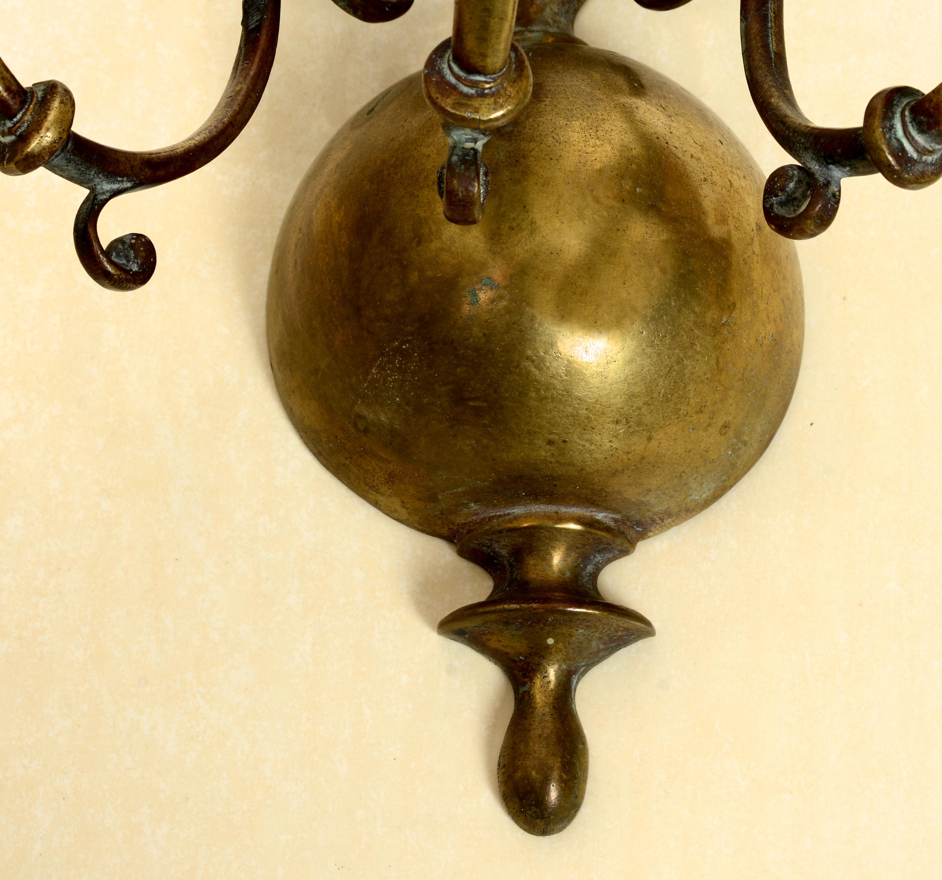 Mid-20th Century Pair of Colonial Brass 3 Light Wall Sconces For Sale