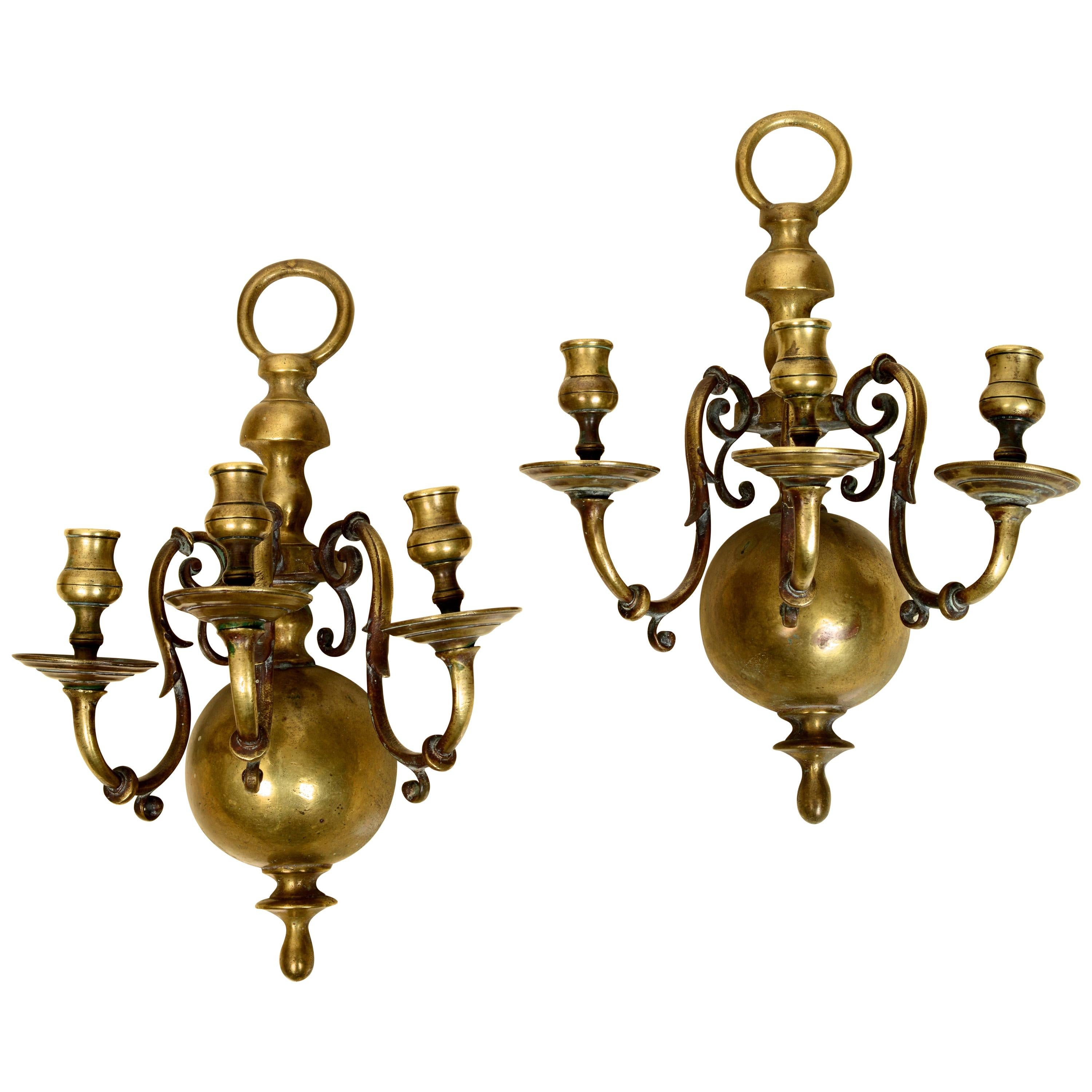 Pair of Colonial Brass 3 Light Wall Sconces For Sale