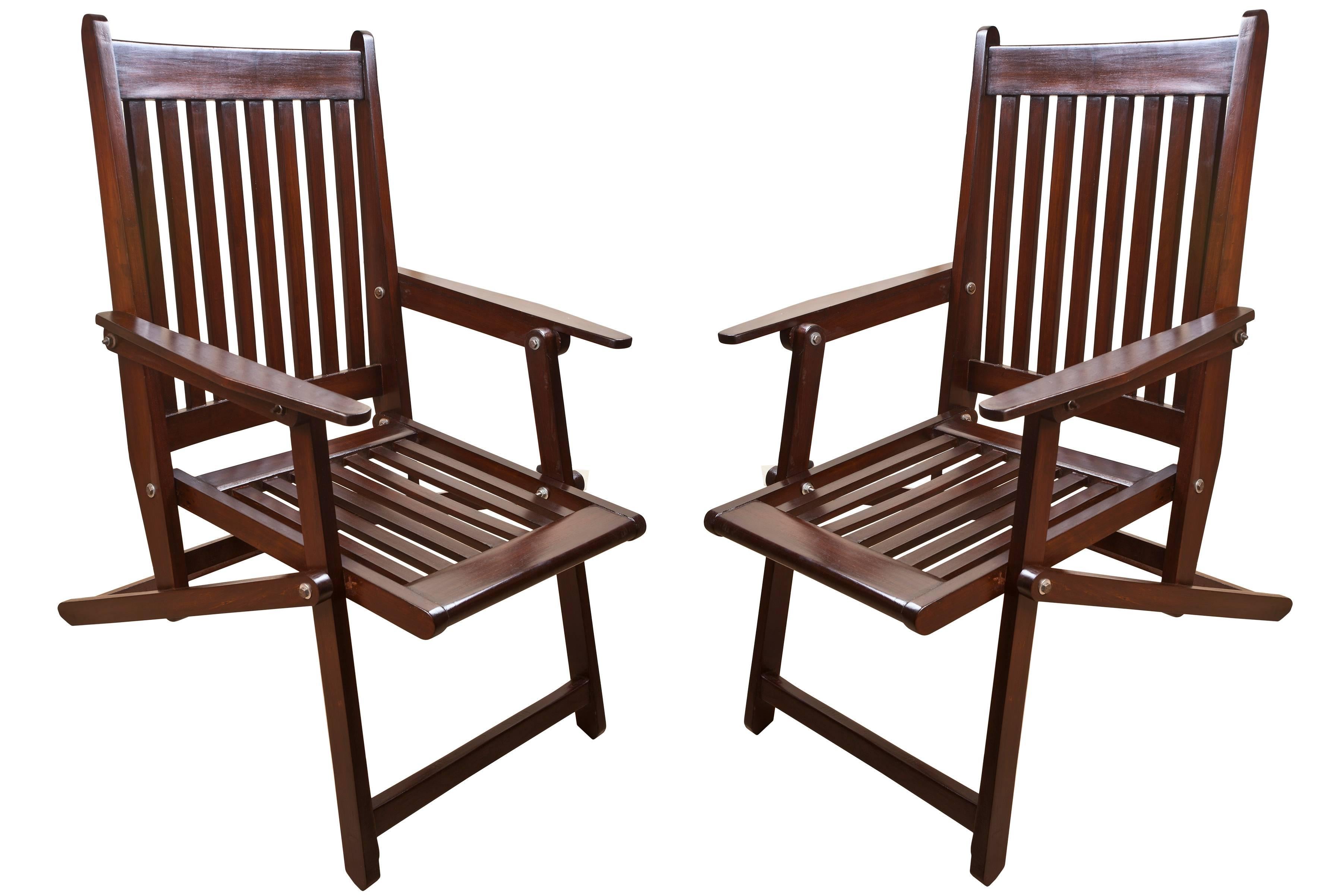 English Pair of Colonial British Folding Rosewood Deck Chairs