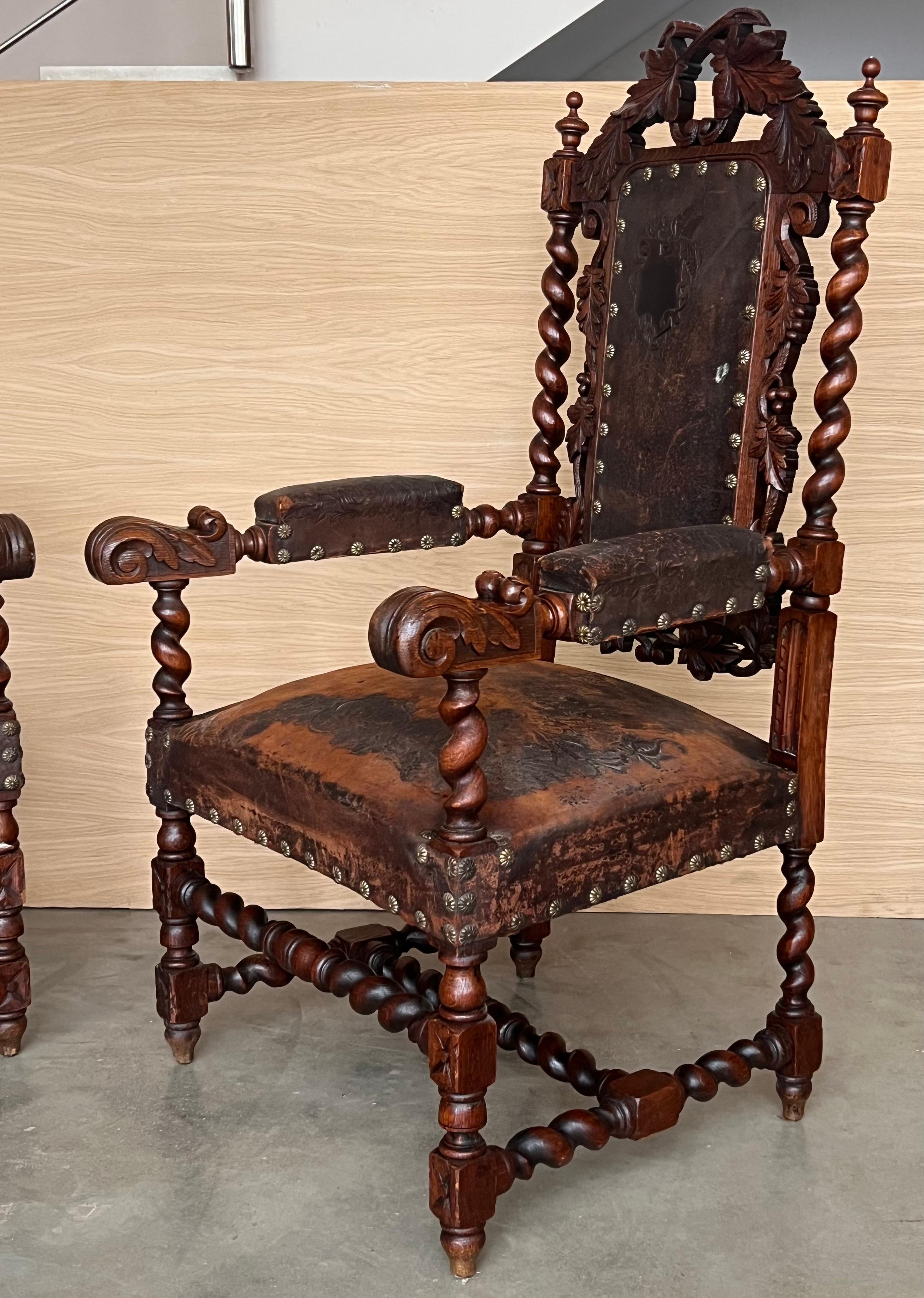 Pair of Colonial Catalan Spanish Altar Armchairs with Carved Leather For Sale 5