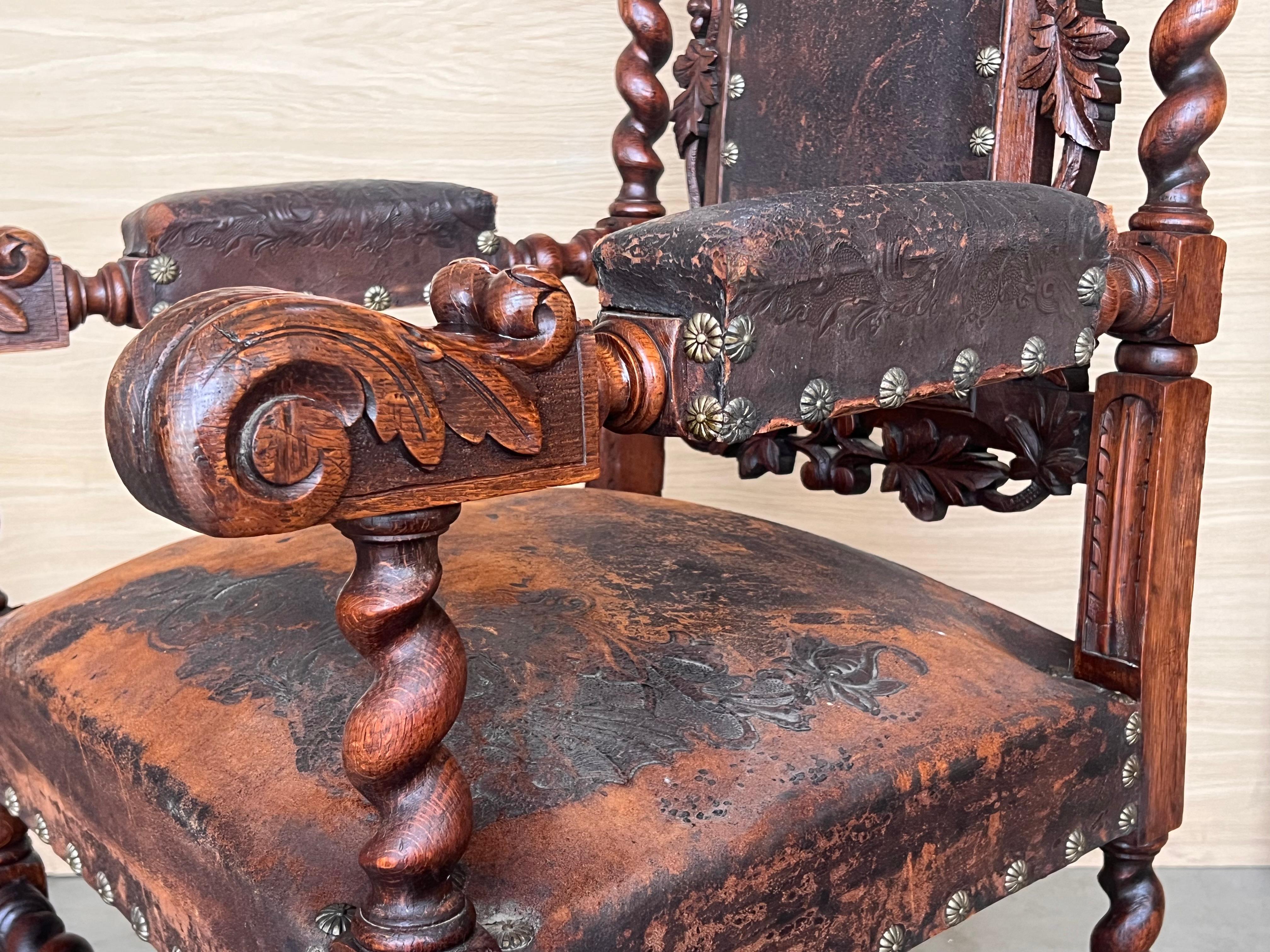 Pair of Colonial Catalan Spanish Altar Armchairs with Carved Leather For Sale 6