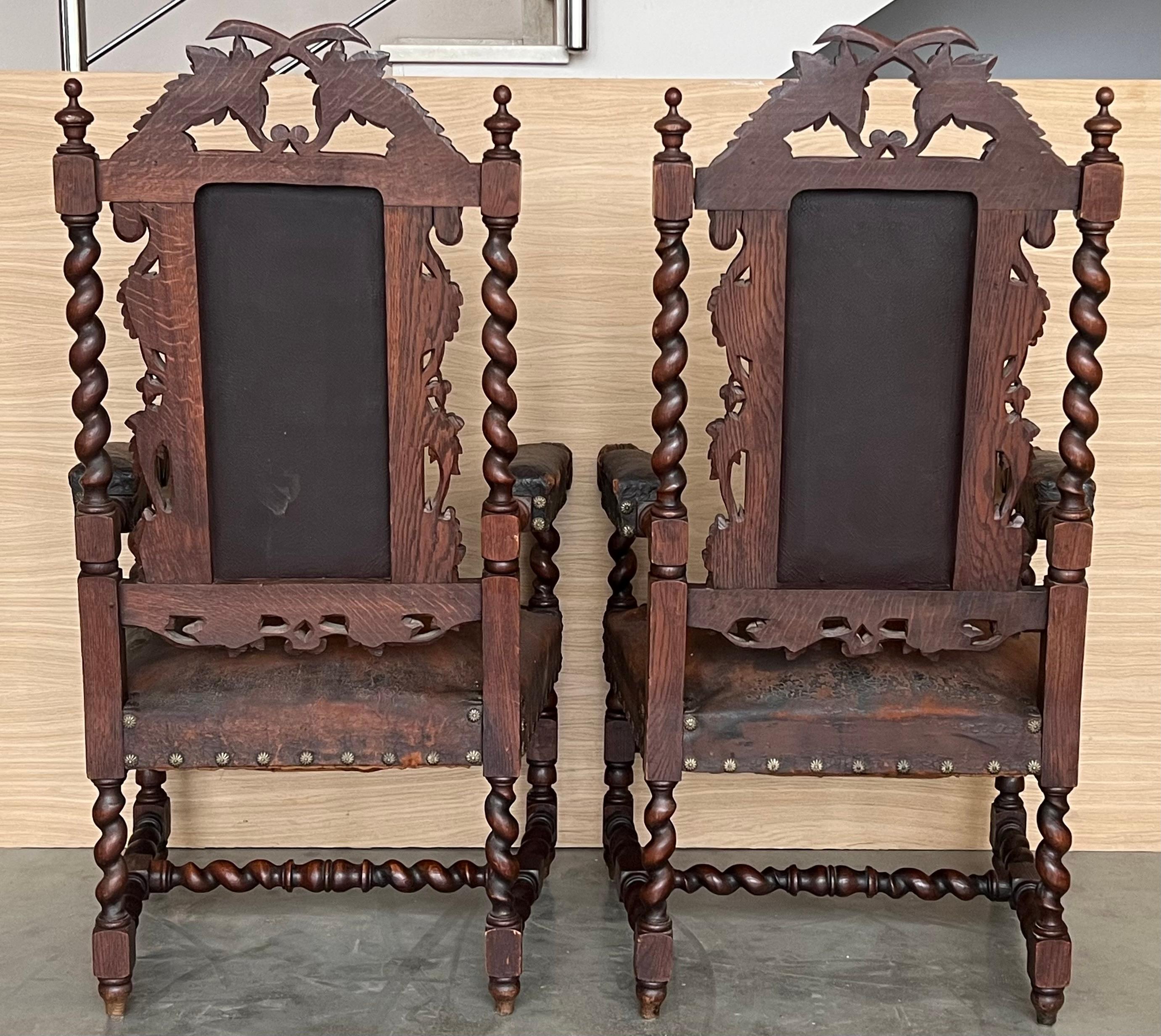 Pair of Colonial Catalan Spanish Altar Armchairs with Carved Leather For Sale 10