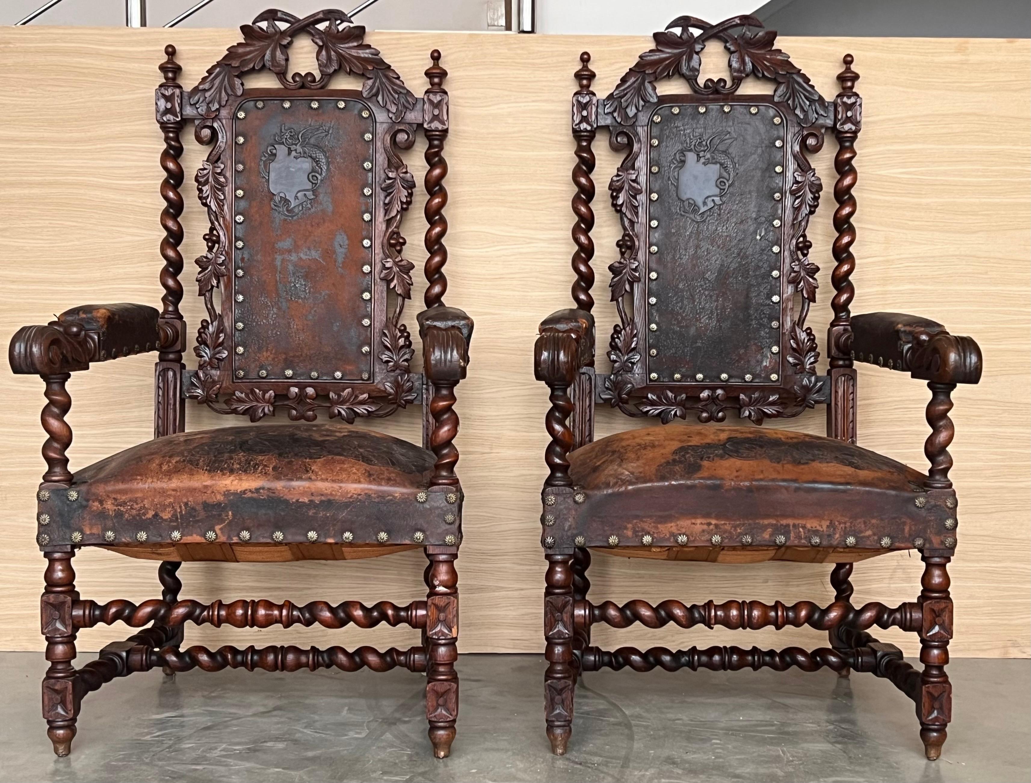 Spanish Colonial Pair of Colonial Catalan Spanish Altar Armchairs with Carved Leather For Sale