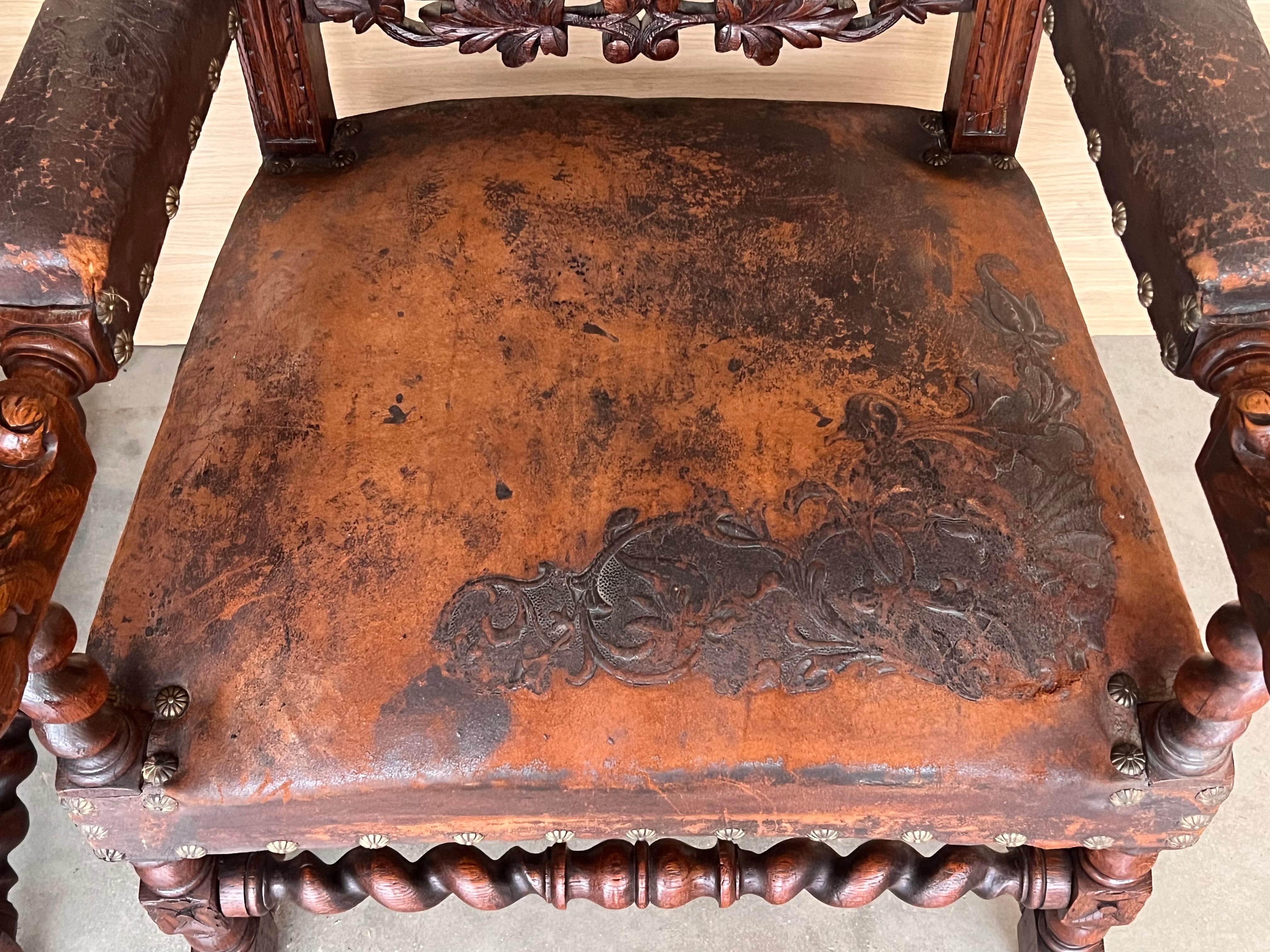 19th Century Pair of Colonial Catalan Spanish Altar Armchairs with Carved Leather For Sale