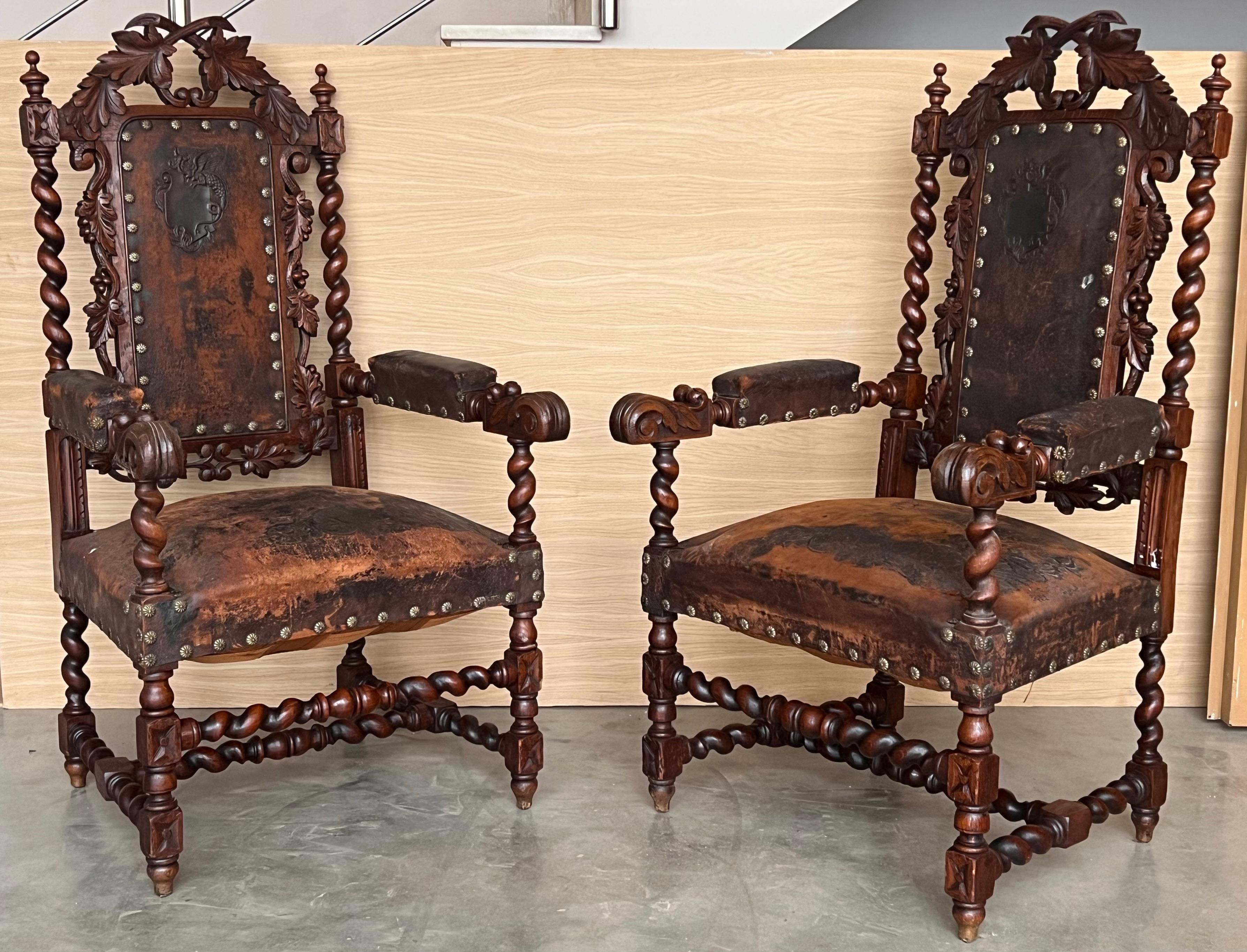 Pair of Colonial Catalan Spanish Altar Armchairs with Carved Leather For Sale 4