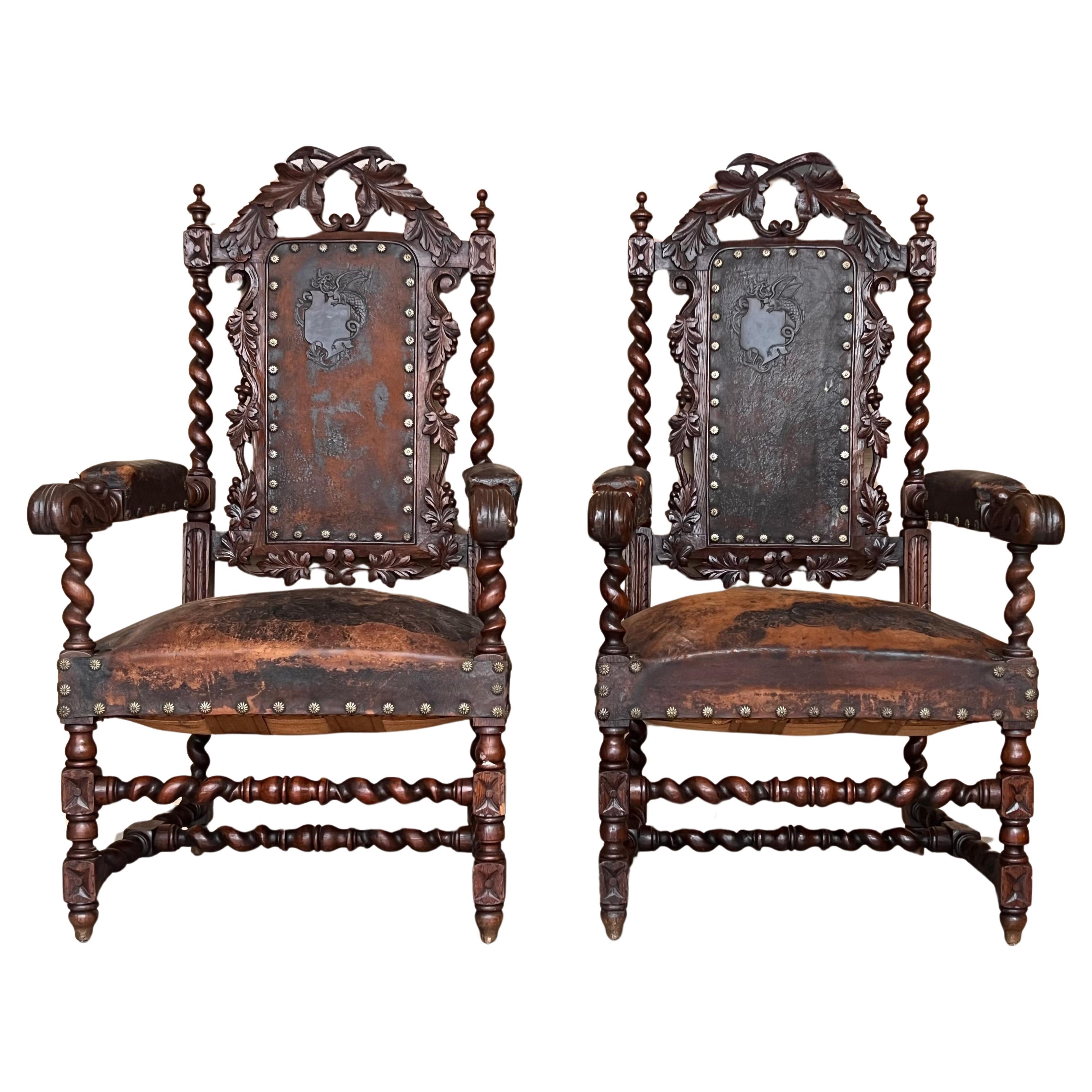 Pair of Colonial Catalan Spanish Altar Armchairs with Carved Leather