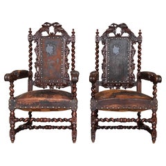Antique Pair of Colonial Catalan Spanish Altar Armchairs with Carved Leather