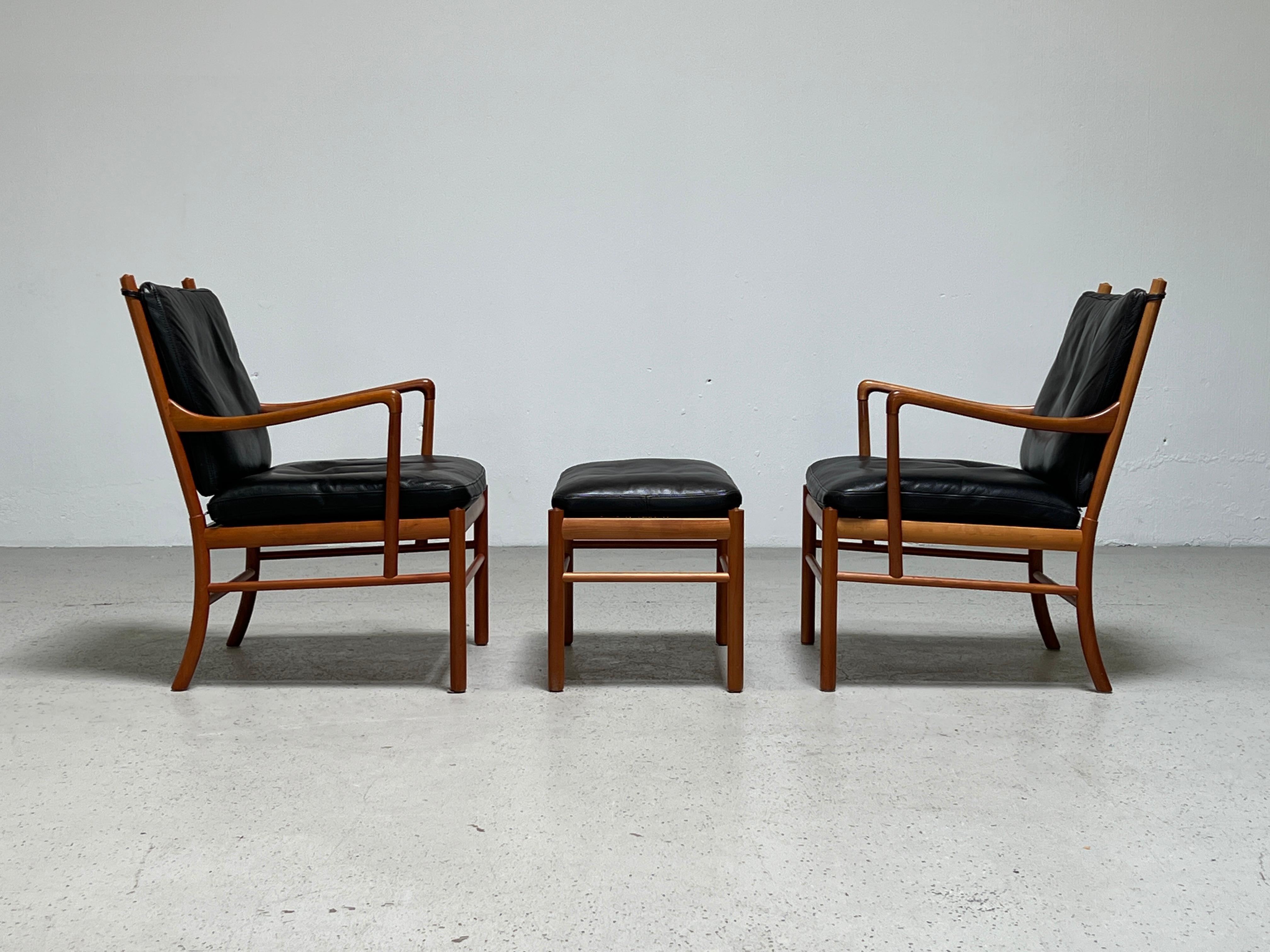 Leather Pair of Colonial Chairs and Ottoman by Ole Wanscher For Sale