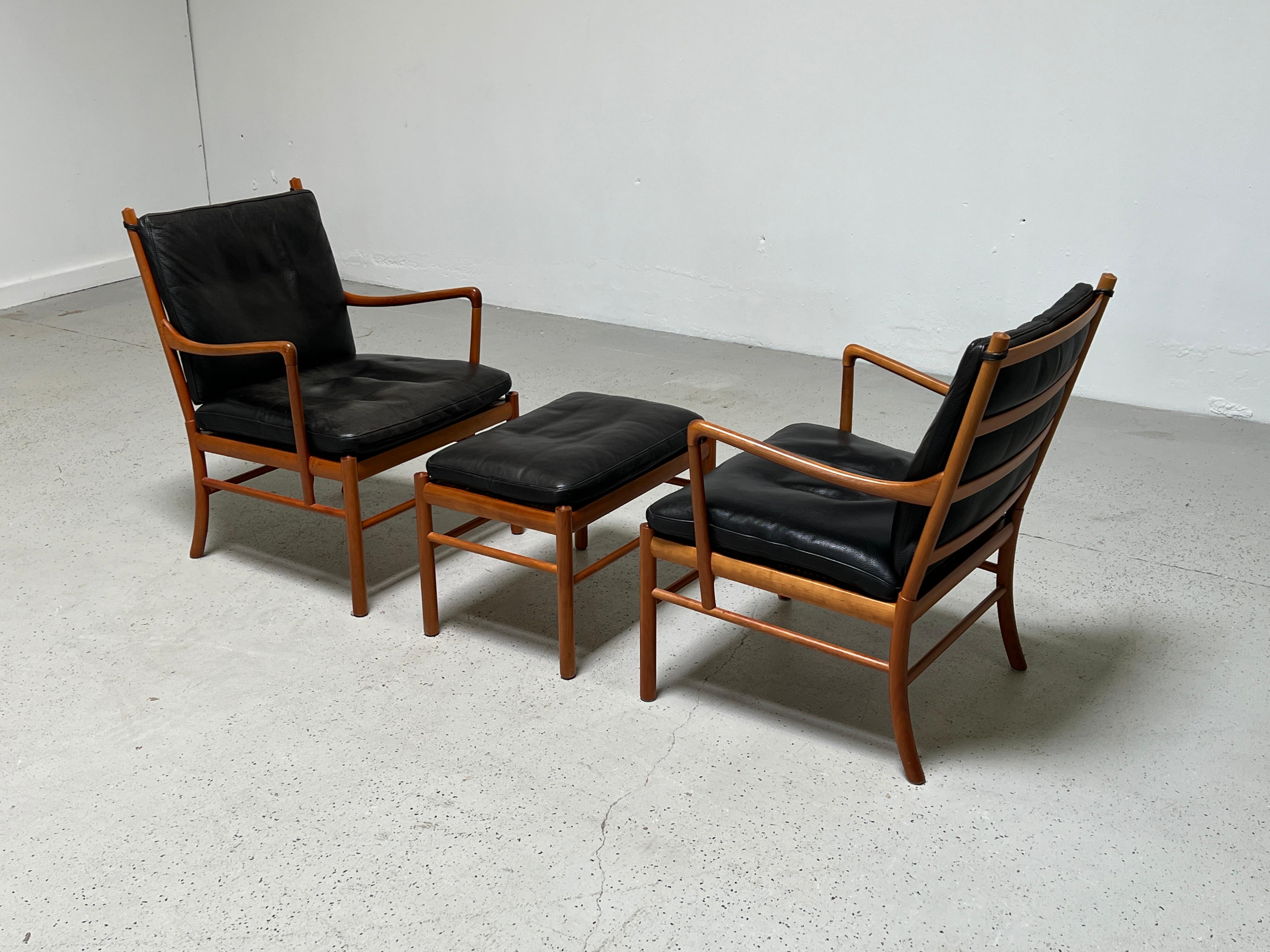 Pair of Colonial Chairs and Ottoman by Ole Wanscher For Sale 1