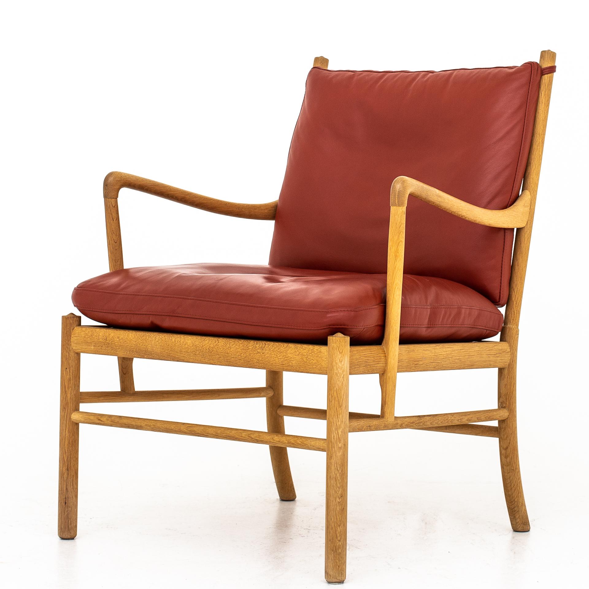 Set of 2 PJ 149 - Colonial chairs in oak and cushions in original red leather. Maker PJ Furniture.