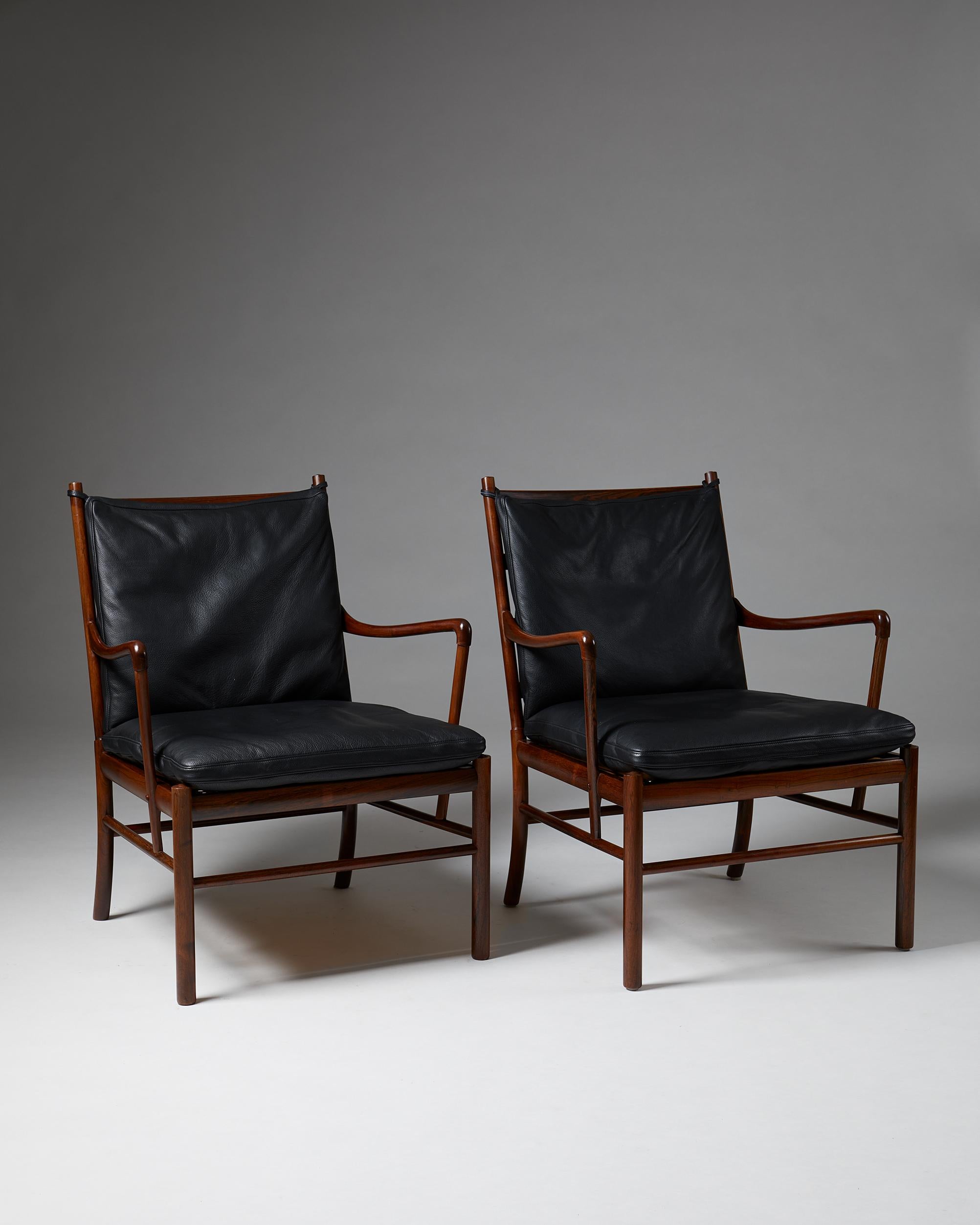 Pair of Colonial chairs model PJ 149 designed by Ole Wanscher for Poul Jeppesen,
Denmark. 1949.

Rosewood, cane and leather.

Dimensions:
H: 83 cm/ 32 3/4''
D: 70 cm/ 27 1/2''
W: 64 cm/ 25 1/4''
Seat height: 43 cm/ 17''

The Colonial Chair,