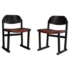 Pair of Colonial Chairs with Leather Seats - Dark Wood and Brown Leather Pair of Colonial Chairs with Leather Seats - Dark Wood and Brown Leather