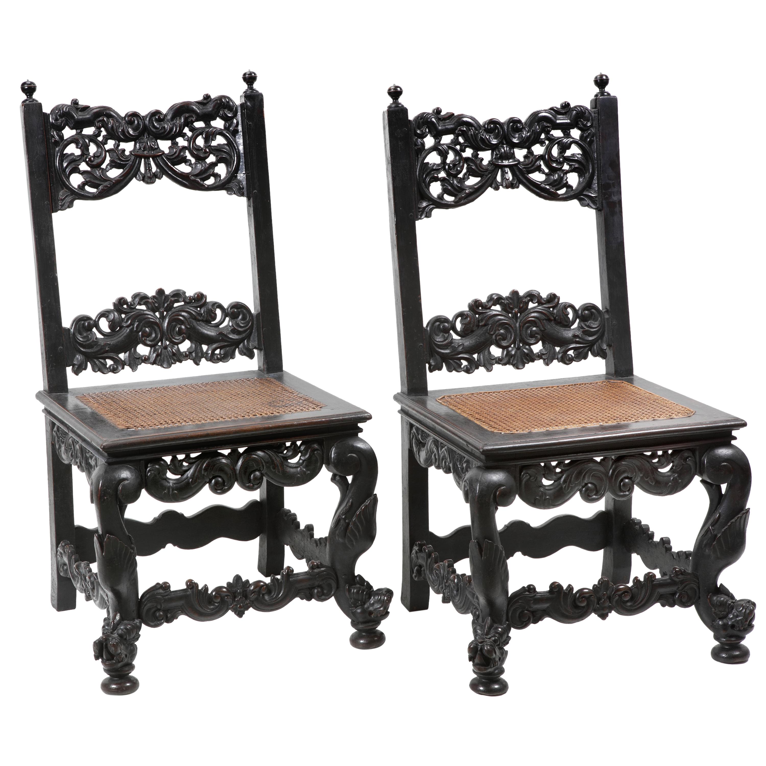 Pair of Colonial Hardwood Side Chairs with Rattan Seats, 18th Century For Sale
