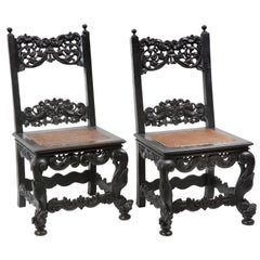 Antique Pair of Colonial Hardwood Side Chairs with Rattan Seats, 18th Century