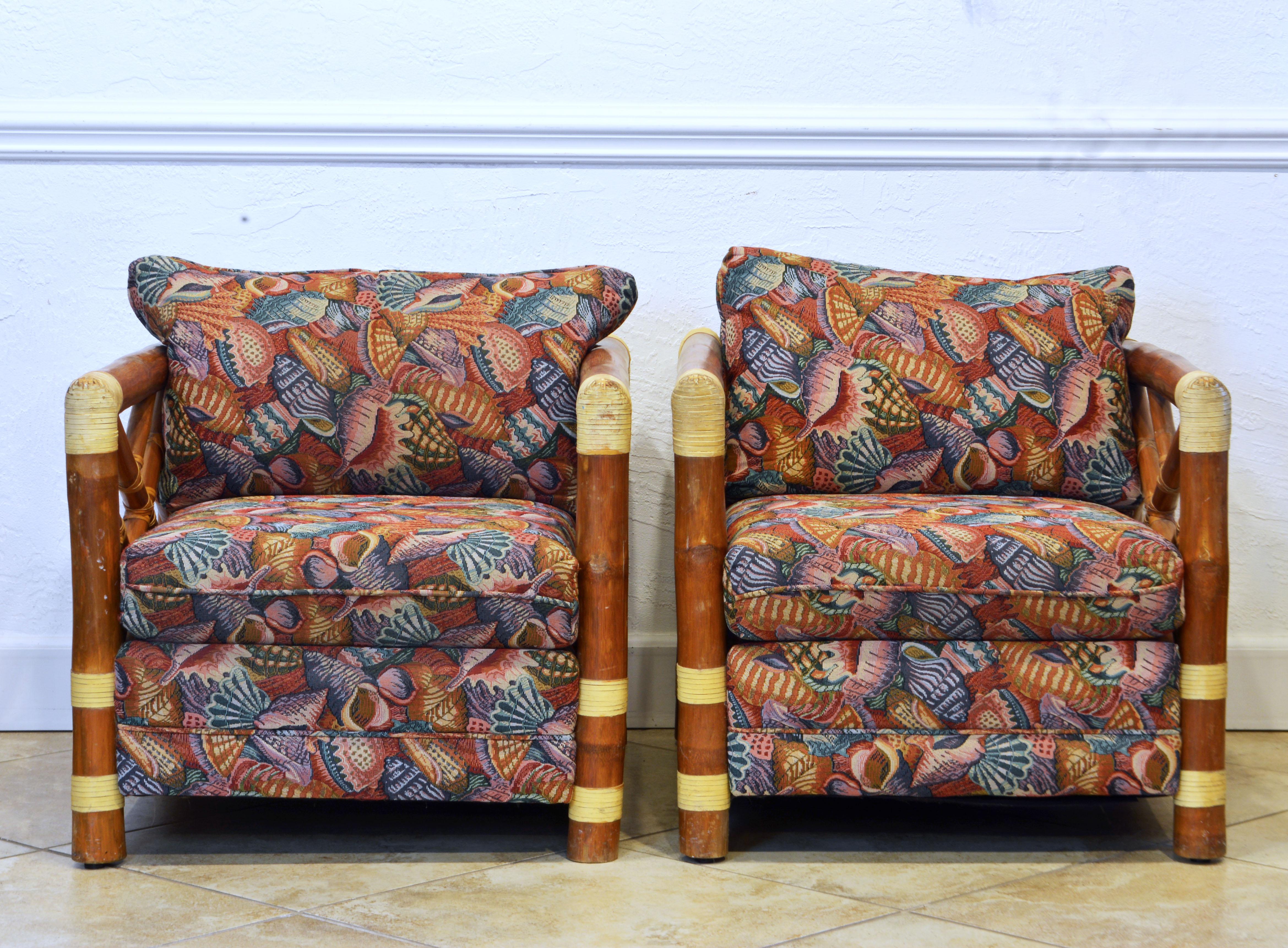 Colonial Revival Pair of Colonial Style Bamboo Pole Upholstered Lounge Chairs, 20th Century