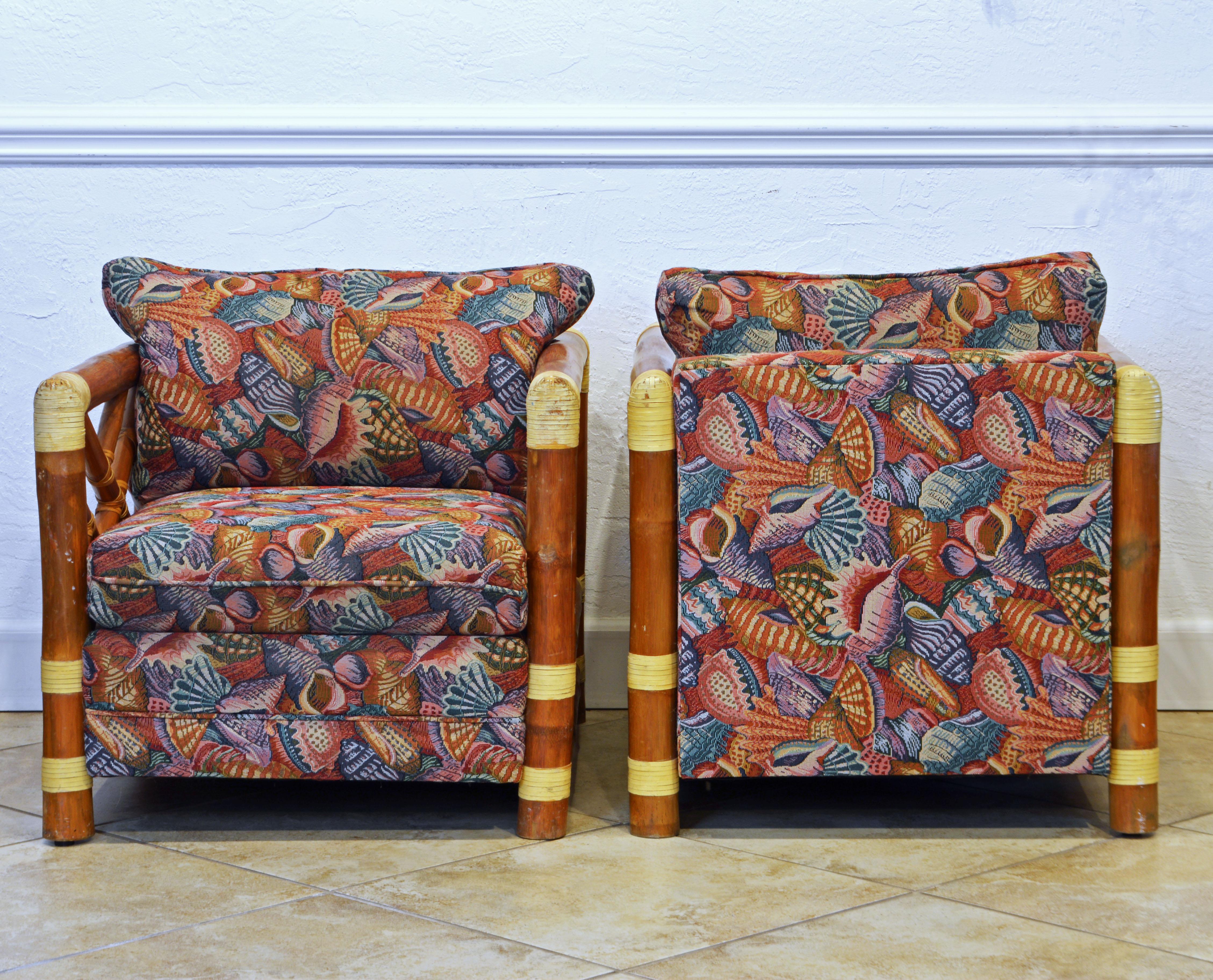 Pair of Colonial Style Bamboo Pole Upholstered Lounge Chairs, 20th Century In Good Condition In Ft. Lauderdale, FL