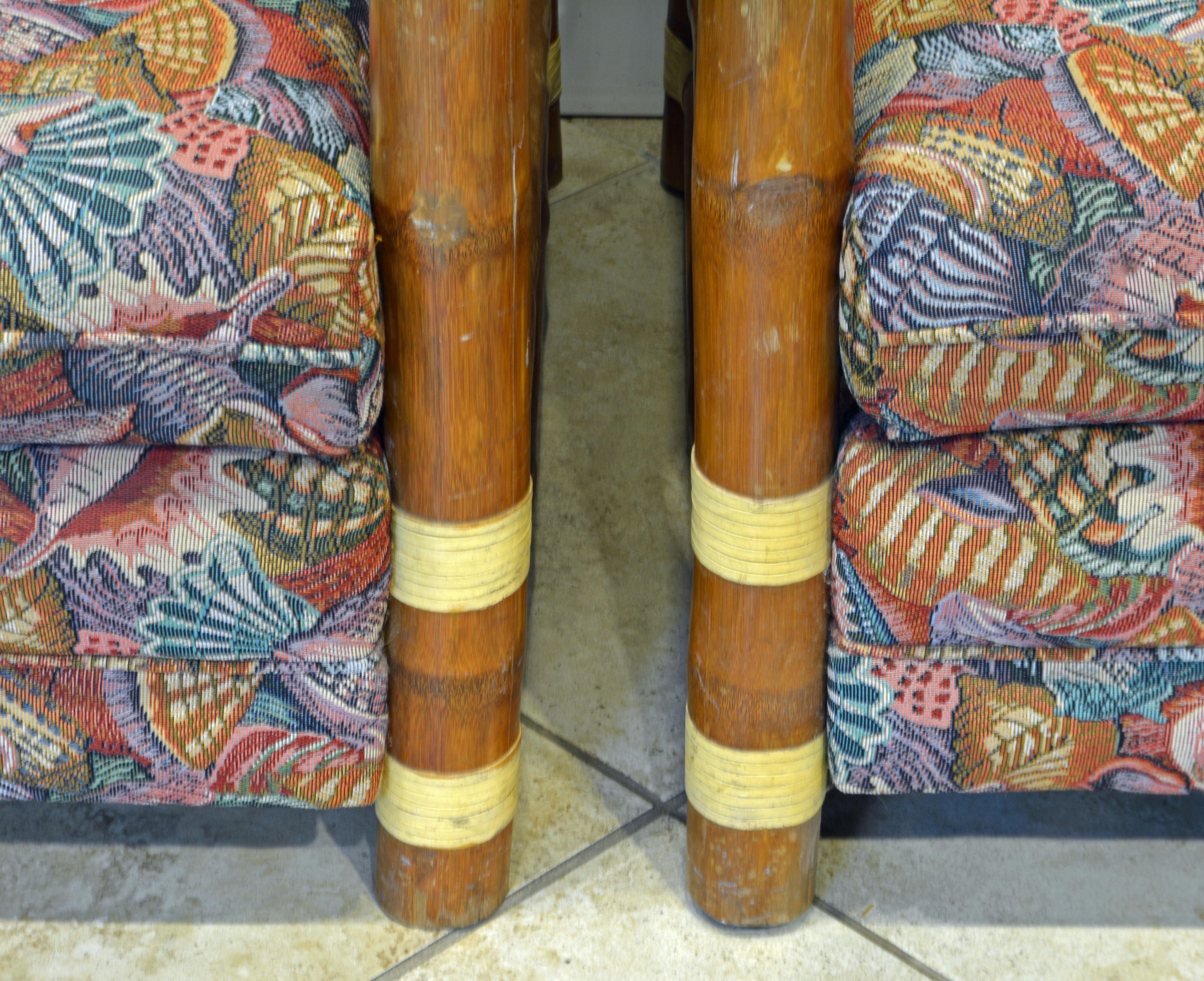 Pair of Colonial Style Bamboo Pole Upholstered Lounge Chairs, 20th Century 1