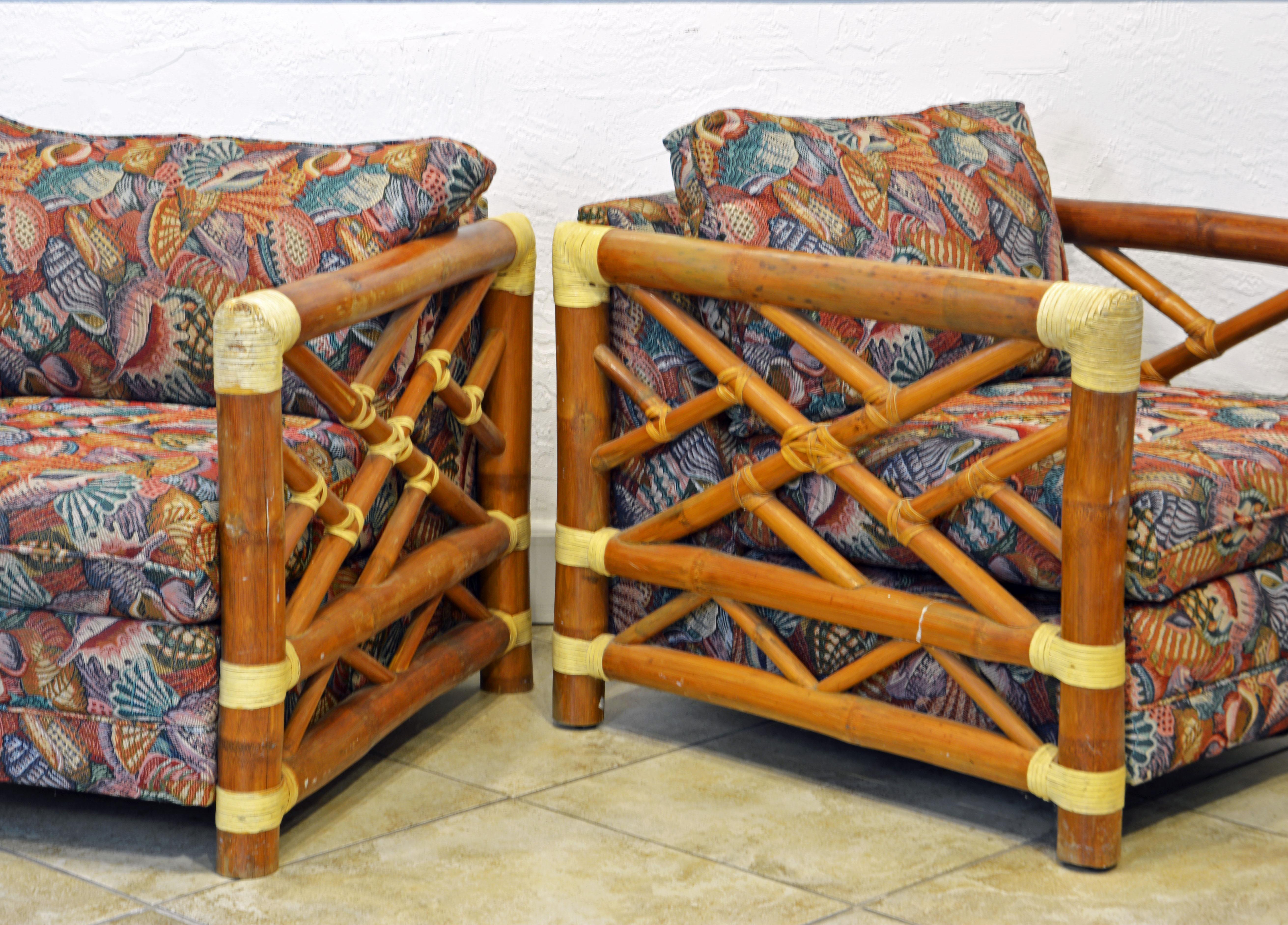 Pair of Colonial Style Bamboo Pole Upholstered Lounge Chairs, 20th Century 2